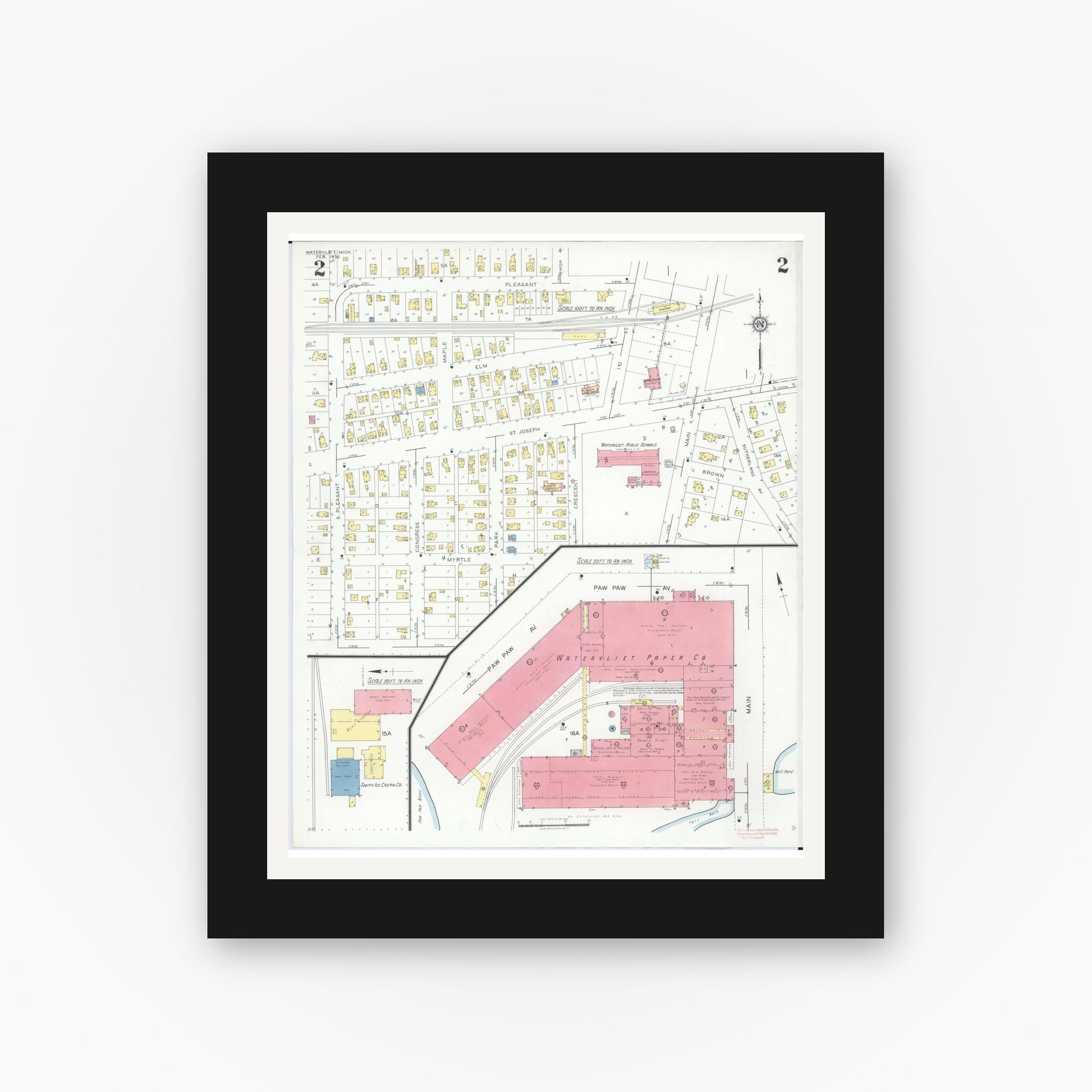 Old map wall art mockup — black gallery frame with white mat — Sanborn Fire Insurance Map from Watervliet, Berrien County, Michigan (1932), Sheet #0002