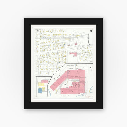 Old map wall art mockup — black gallery frame with white mat — Sanborn Fire Insurance Map from Watervliet, Berrien County, Michigan (1932), Sheet #0002