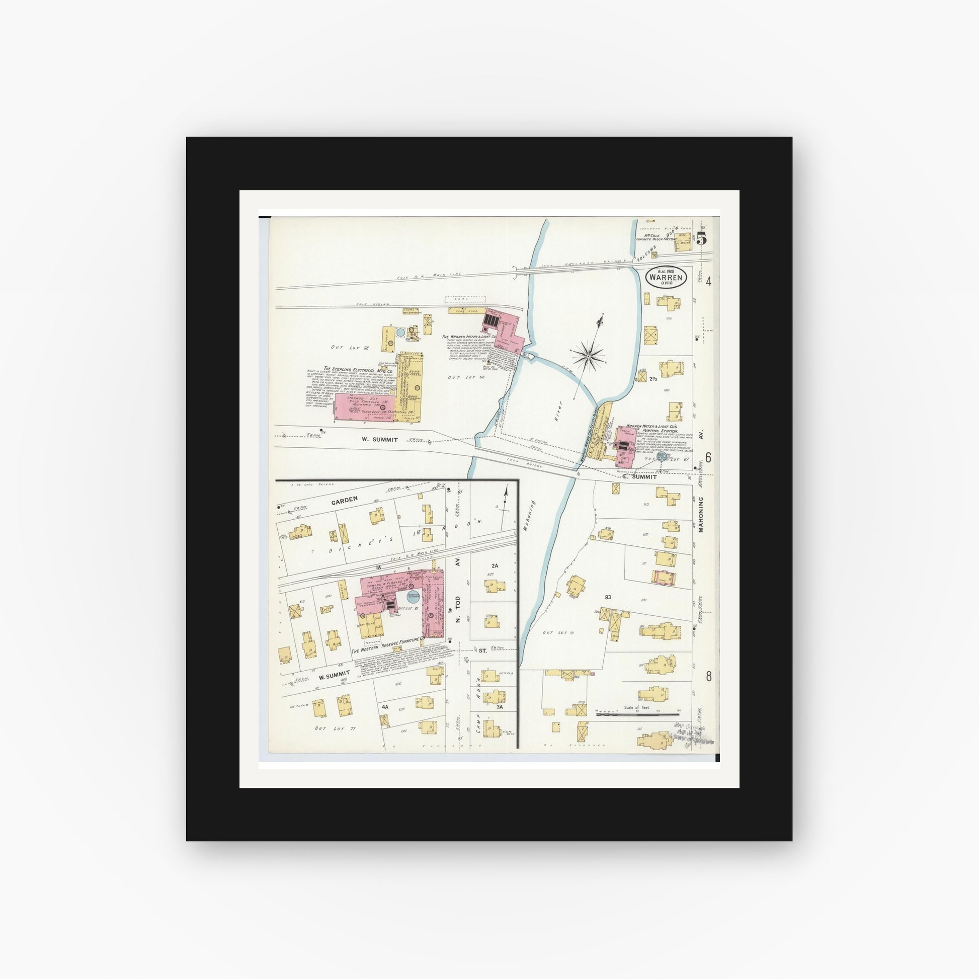 Old map wall art mockup — black gallery frame with white mat — Sanborn Fire Insurance Map from Warren, Trumbull County, Ohio (1908), Sheet #0005