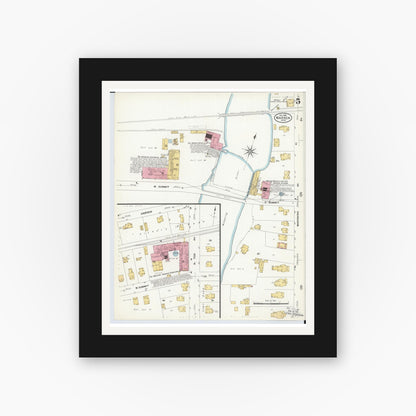 Old map wall art mockup — black gallery frame with white mat — Sanborn Fire Insurance Map from Warren, Trumbull County, Ohio (1908), Sheet #0005