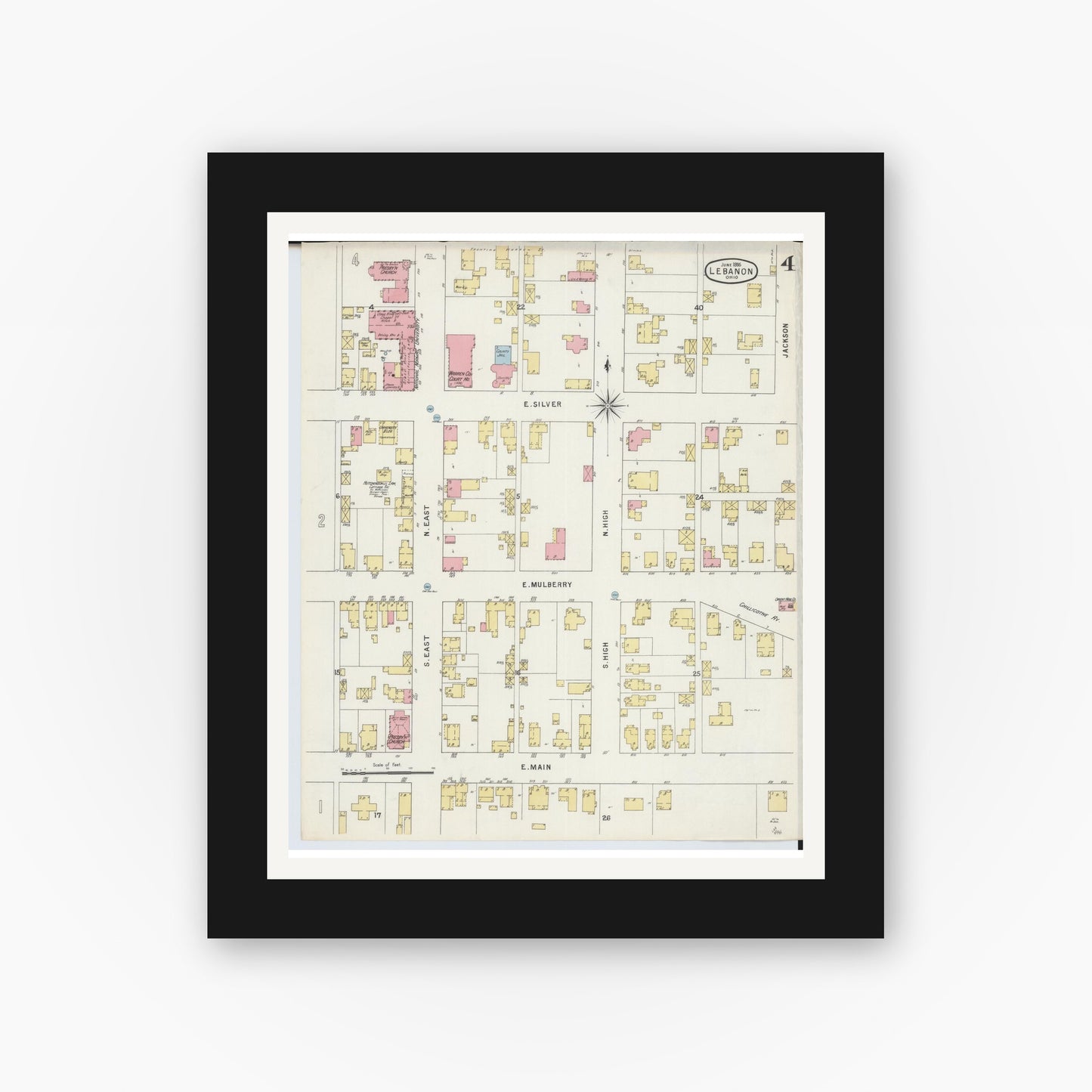 Old map wall art mockup — black gallery frame with white mat — Sanborn Fire Insurance Map from Lebanon, Warren County, Ohio (1895), Sheet #0004