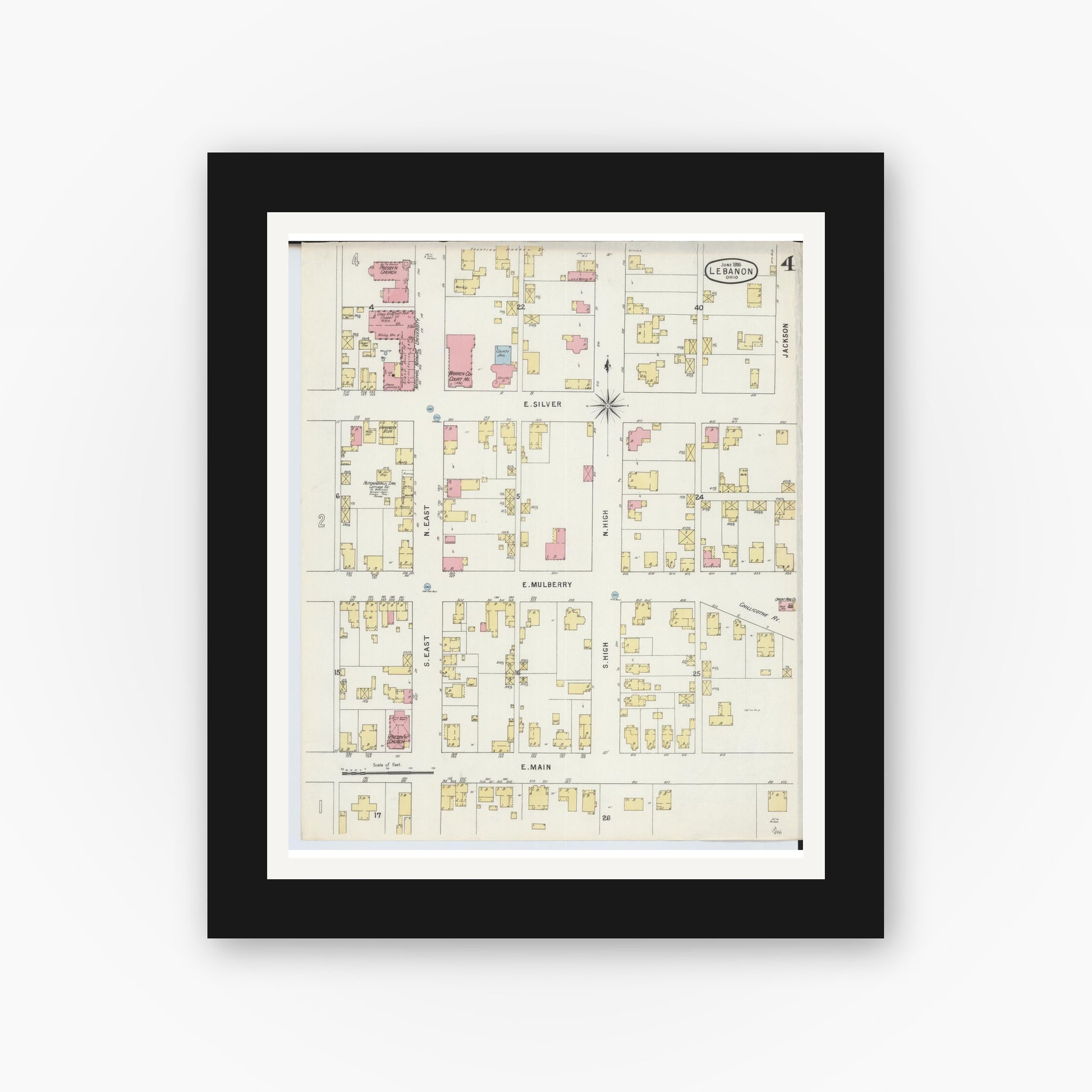 Old map wall art mockup — black gallery frame with white mat — Sanborn Fire Insurance Map from Lebanon, Warren County, Ohio (1895), Sheet #0004