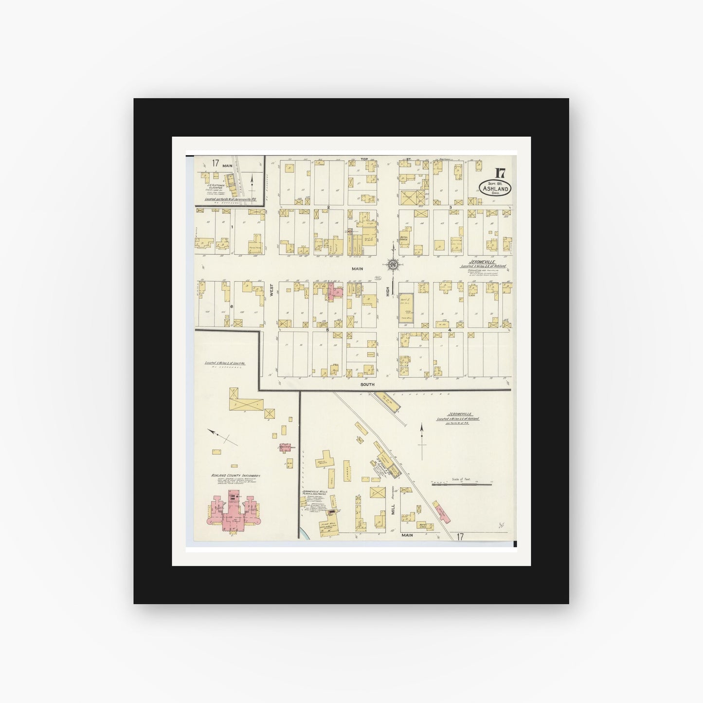 Old map wall art mockup — black gallery frame with white mat — Sanborn Fire Insurance Map from Ashland, Ashland County, Ohio (1911), Sheet #0017