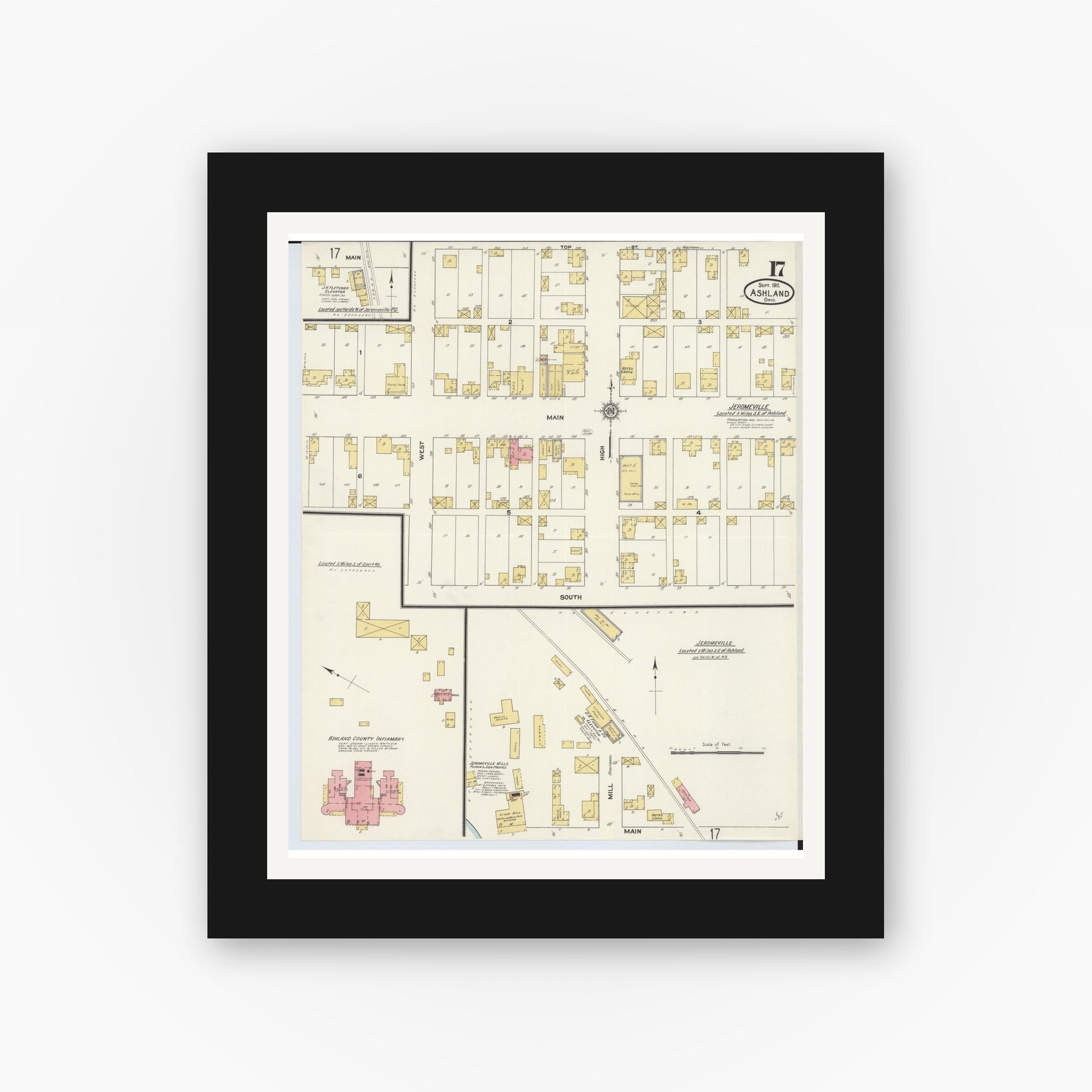 Old map wall art mockup — black gallery frame with white mat — Sanborn Fire Insurance Map from Ashland, Ashland County, Ohio (1911), Sheet #0017