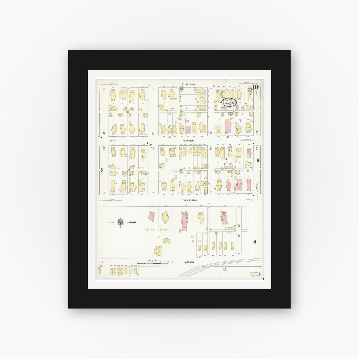 Old map wall art mockup — black gallery frame with white mat — Sanborn Fire Insurance Map from Columbus, Bartholomew County, Indiana (1912), Sheet #0010