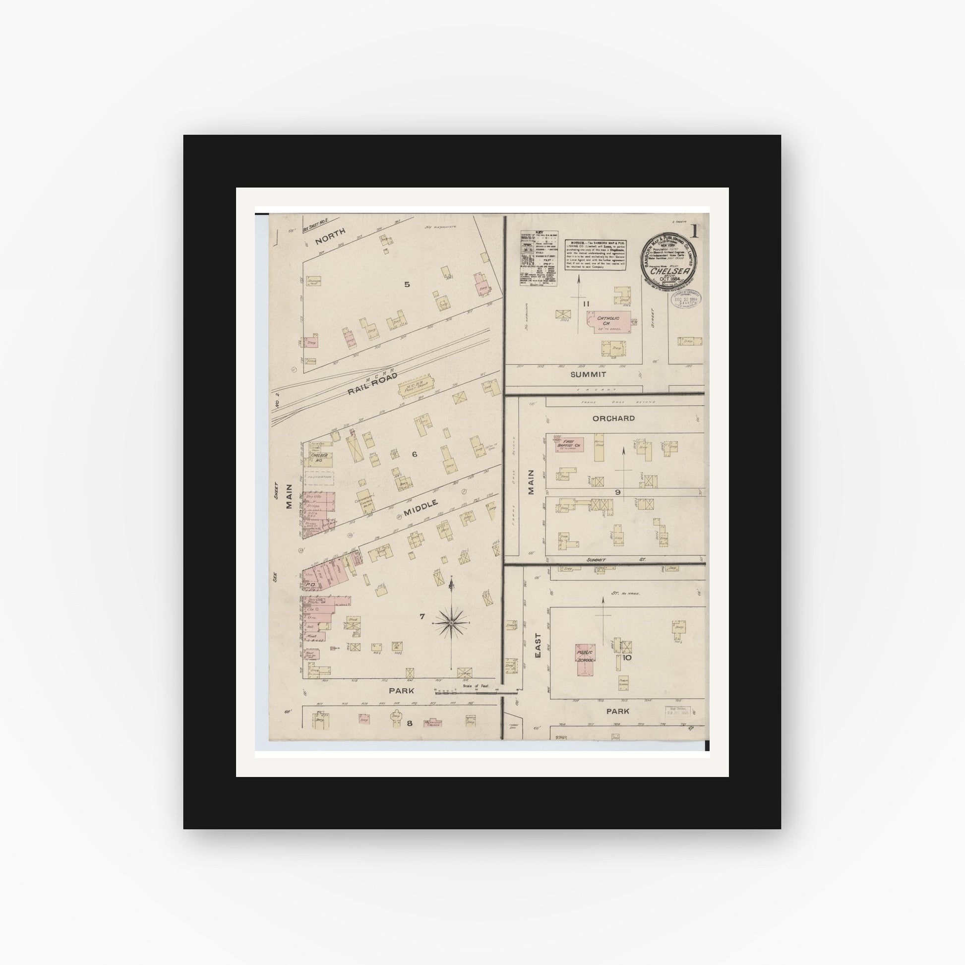 Old map wall art mockup — black gallery frame with white mat — Sanborn Fire Insurance Map from Chelsea, Washtenaw County, Michigan (1884), Sheet #0001