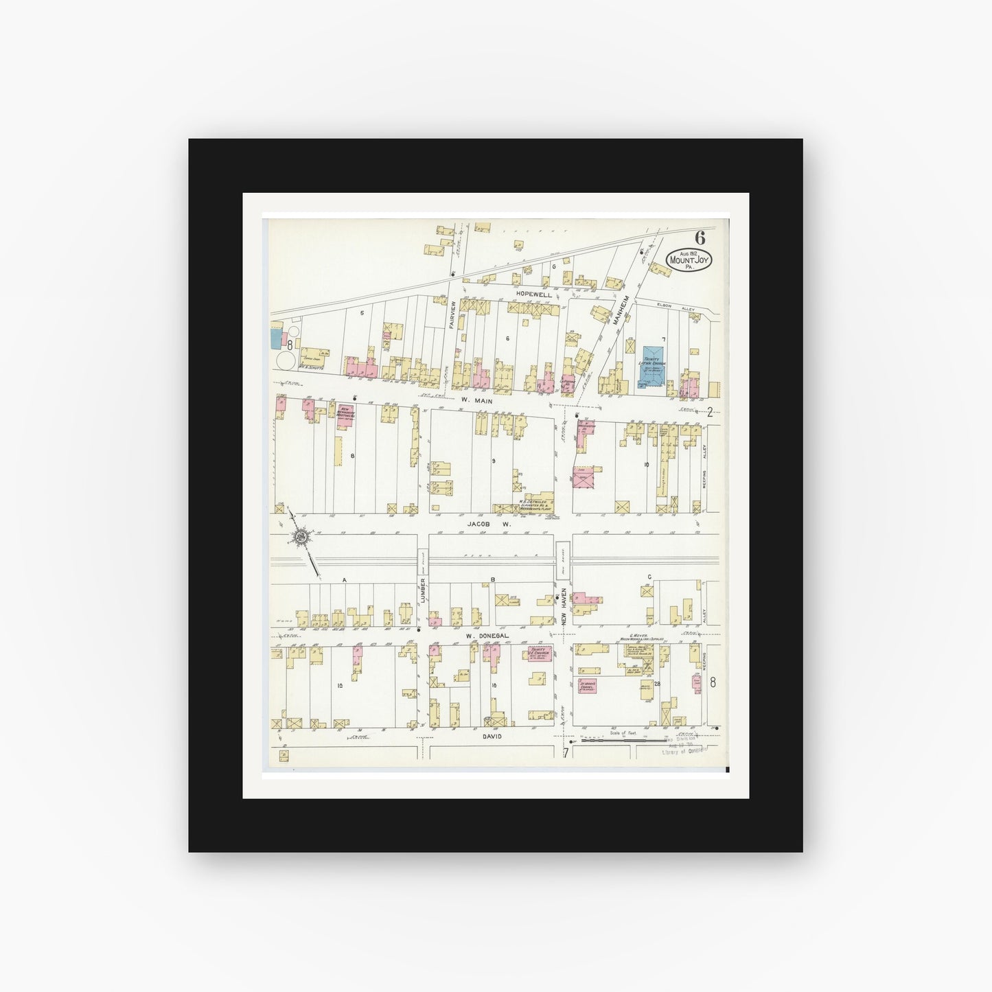 Old map wall art mockup — black gallery frame with white mat — Sanborn Fire Insurance Map from Mount Joy, Lancaster County, Pennsylvania (1912), Sheet #0006