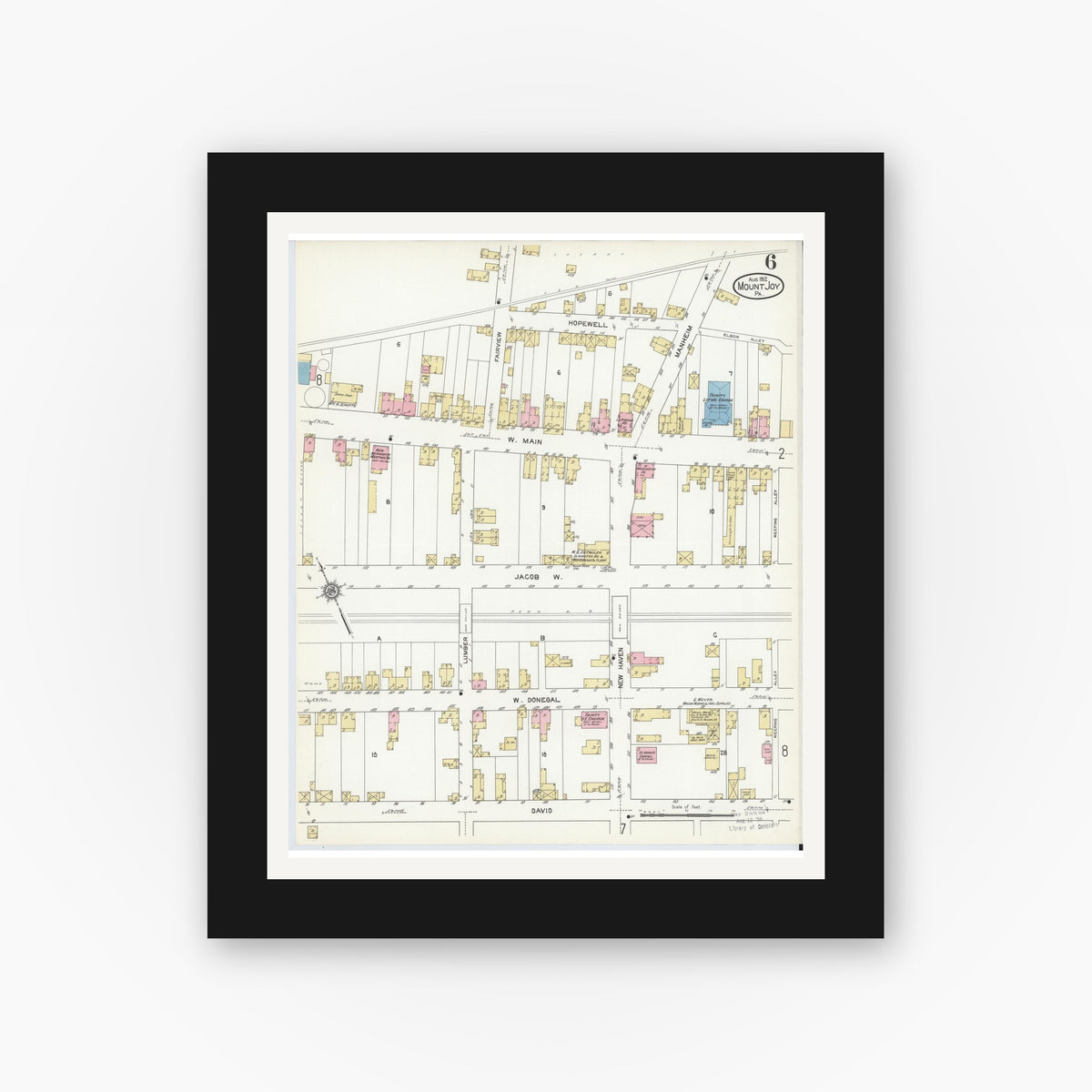 Old map wall art mockup — black gallery frame with white mat — Sanborn Fire Insurance Map from Mount Joy, Lancaster County, Pennsylvania (1912), Sheet #0006