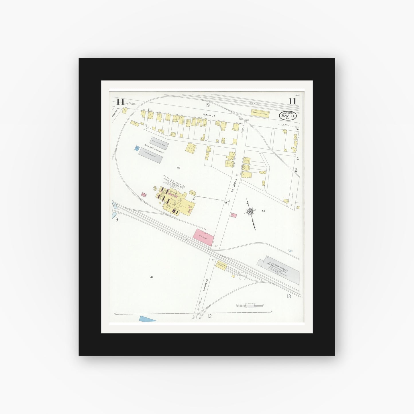 Old map wall art mockup — black gallery frame with white mat — Sanborn Fire Insurance Map from Danville, Montour County, Pennsylvania (1930), Sheet #0011