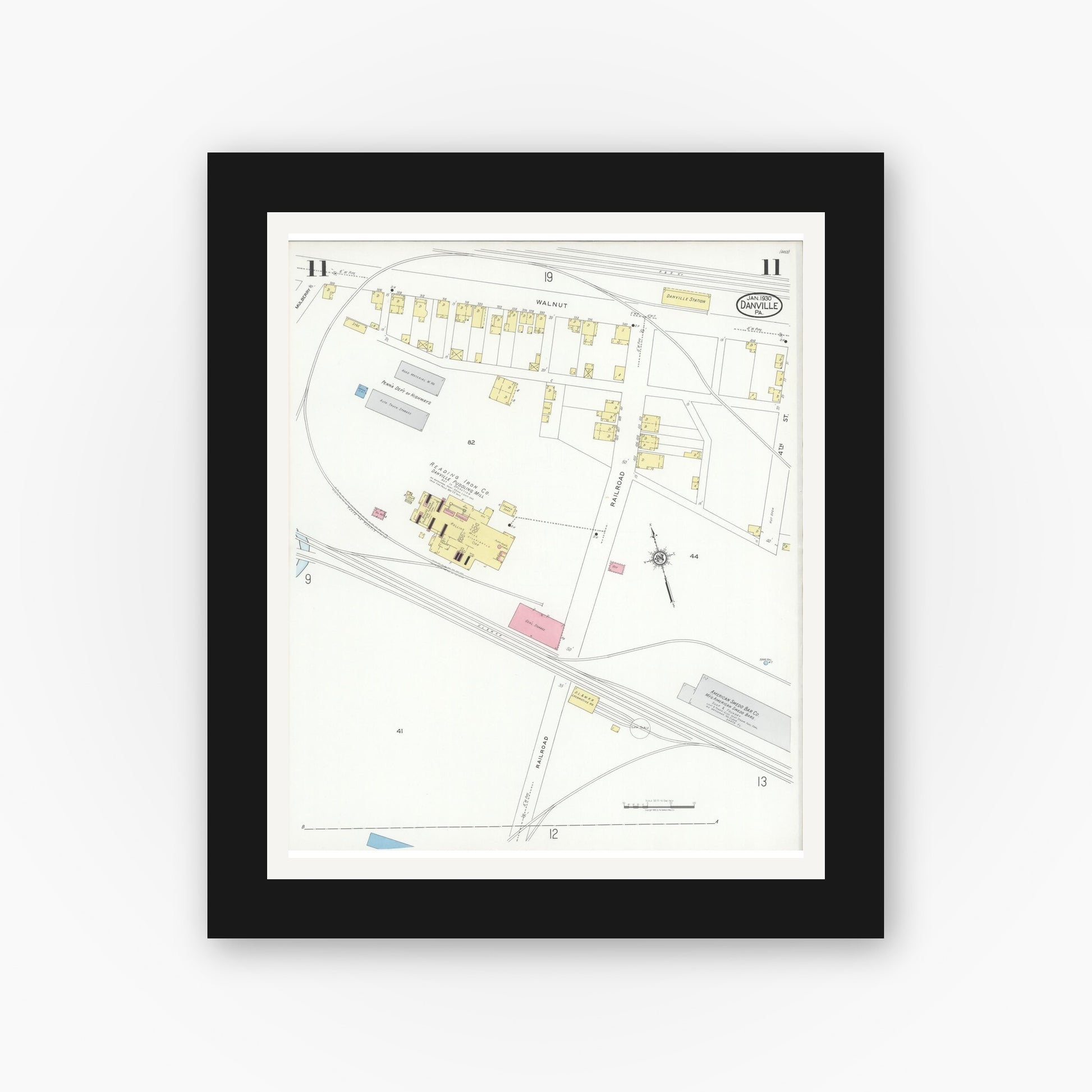 Old map wall art mockup — black gallery frame with white mat — Sanborn Fire Insurance Map from Danville, Montour County, Pennsylvania (1930), Sheet #0011