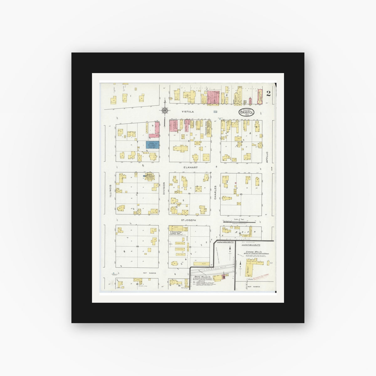 Old map wall art mockup — black gallery frame with white mat — Sanborn Fire Insurance Map from Bristol, Elkhart County, Indiana (1917), Sheet #0002