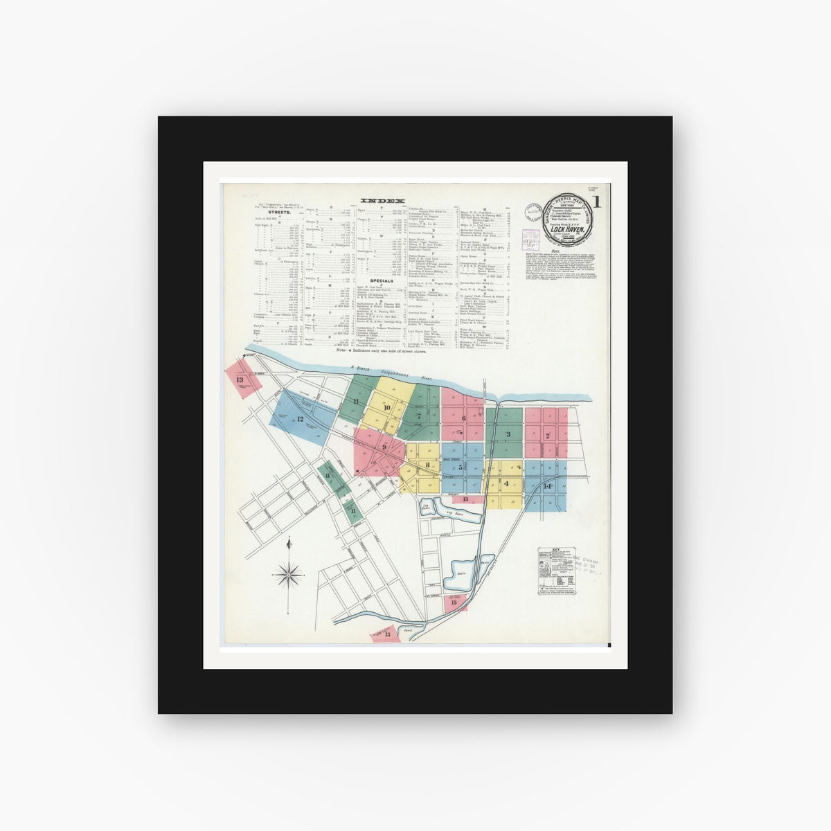 Old map wall art mockup — black gallery frame with white mat — Sanborn Fire Insurance Map from Lock Haven, Clinton County, Pennsylvania (1901), Sheet #0001