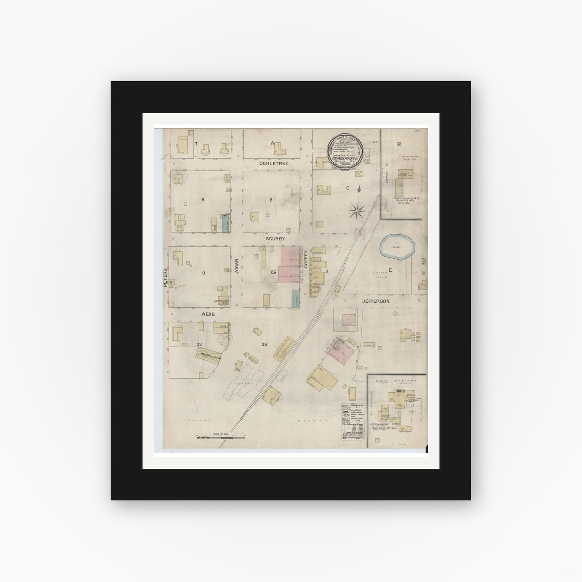 Old map wall art mockup — black gallery frame with white mat — Sanborn Fire Insurance Map from Daingerfield, Morris County, Texas (1892), Sheet #0001