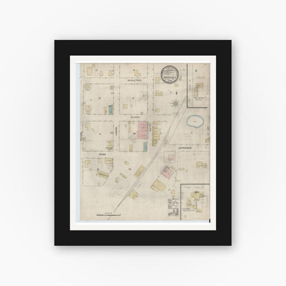 Old map wall art mockup — black gallery frame with white mat — Sanborn Fire Insurance Map from Daingerfield, Morris County, Texas (1892), Sheet #0001