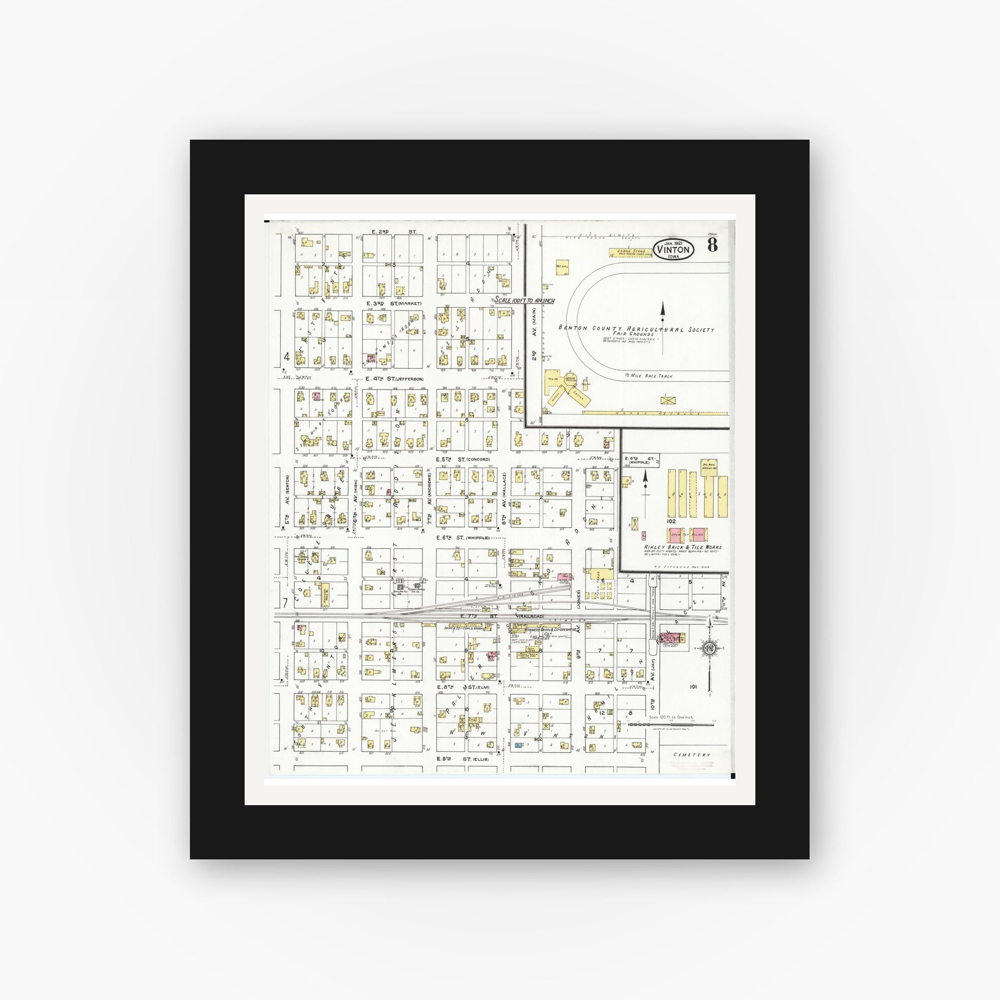 Old map wall art mockup — black gallery frame with white mat — Sanborn Fire Insurance Map from Vinton, Benton County, Iowa (1921), Sheet #0008