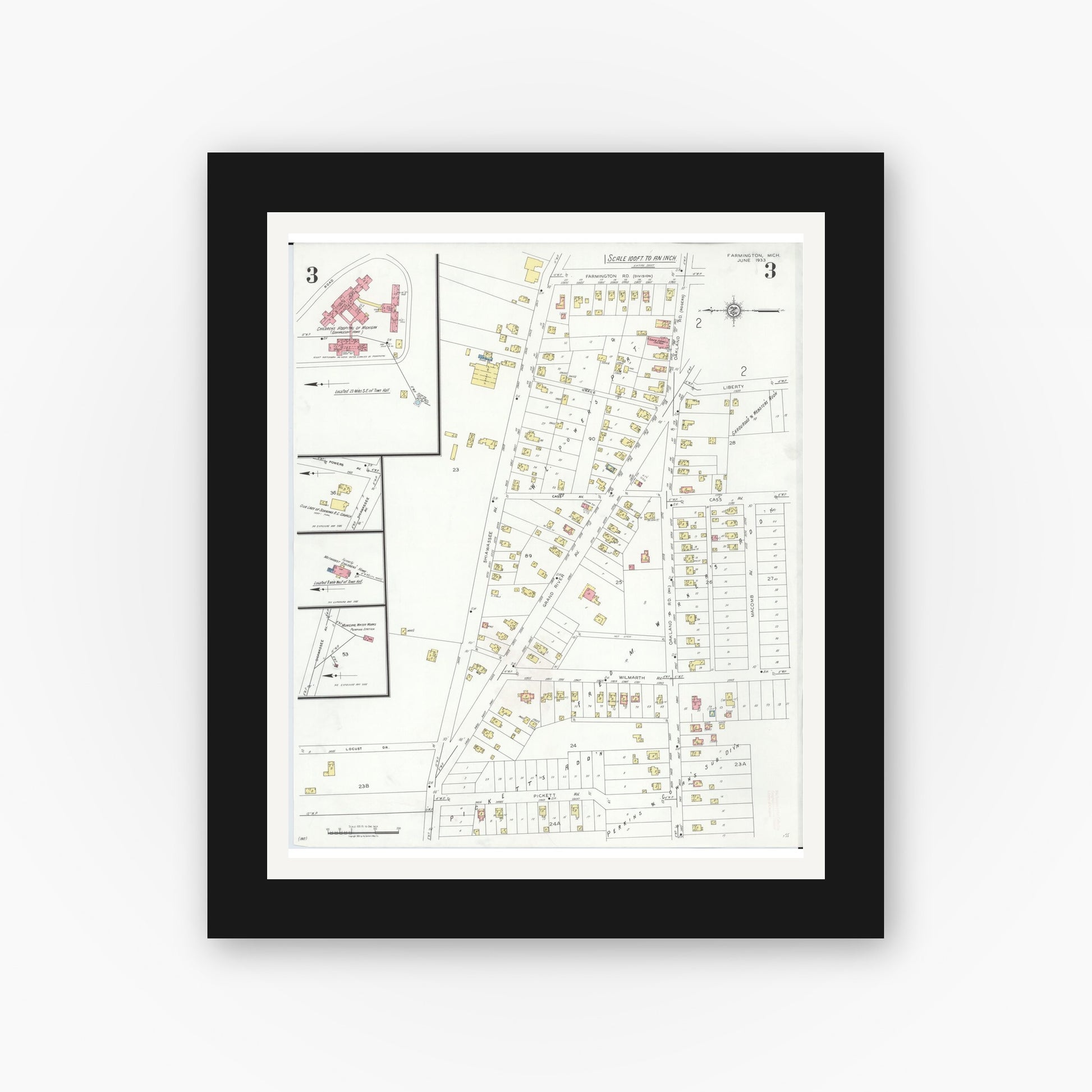 Old map wall art mockup — black gallery frame with white mat — Sanborn Fire Insurance Map from Farmington, Oakland County, Michigan (1933), Sheet #0003
