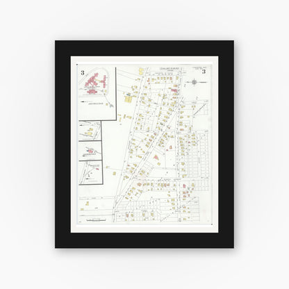 Old map wall art mockup — black gallery frame with white mat — Sanborn Fire Insurance Map from Farmington, Oakland County, Michigan (1933), Sheet #0003