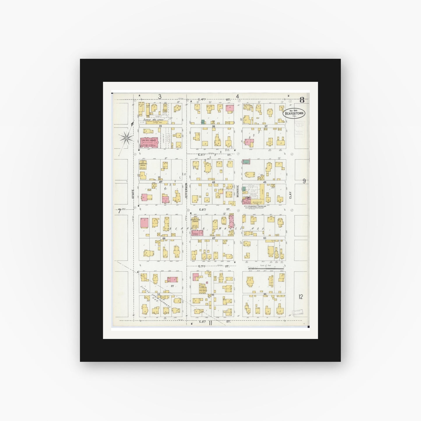 Old map wall art mockup — black gallery frame with white mat — Sanborn Fire Insurance Map from Beardstown, Cass County, Illinois (1900), Sheet #0008