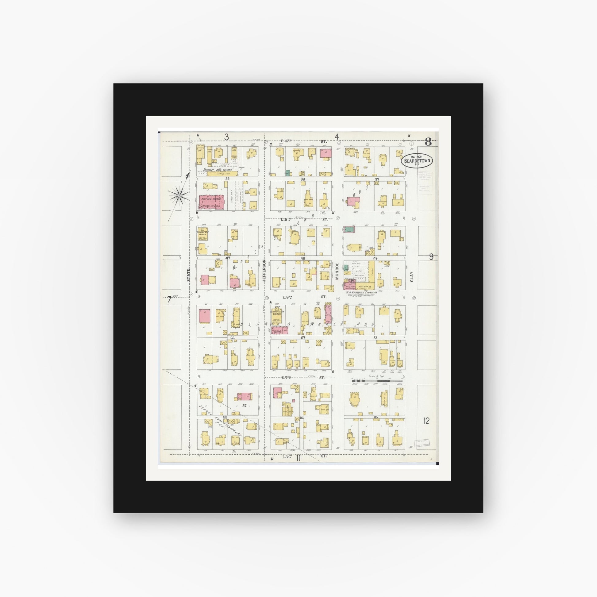 Old map wall art mockup — black gallery frame with white mat — Sanborn Fire Insurance Map from Beardstown, Cass County, Illinois (1900), Sheet #0008