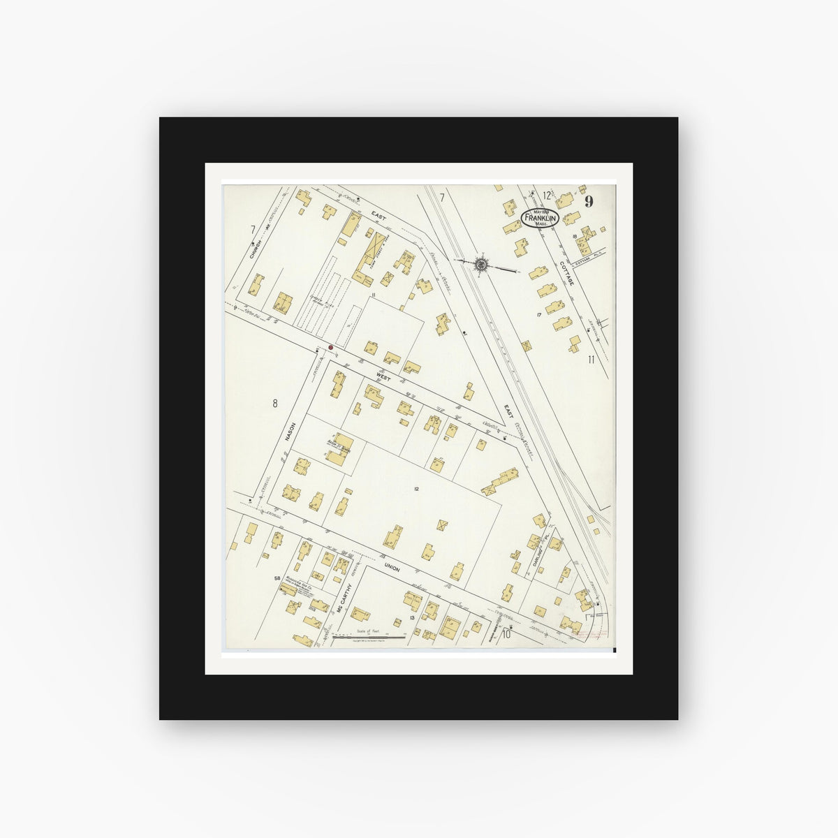 Old map wall art mockup — black gallery frame with white mat — Sanborn Fire Insurance Map from Franklin, Norfolk County, Massachusetts (1919), Sheet #0009