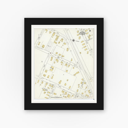 Old map wall art mockup — black gallery frame with white mat — Sanborn Fire Insurance Map from Franklin, Norfolk County, Massachusetts (1919), Sheet #0009