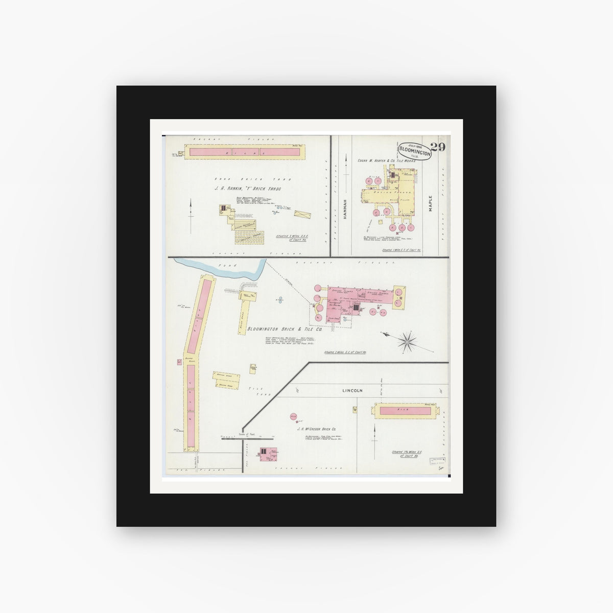 Old map wall art mockup — black gallery frame with white mat — Sanborn Fire Insurance Map from Bloomington, McLean County, Illinois (1896), Sheet #0029