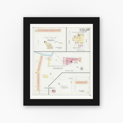 Old map wall art mockup — black gallery frame with white mat — Sanborn Fire Insurance Map from Bloomington, McLean County, Illinois (1896), Sheet #0029