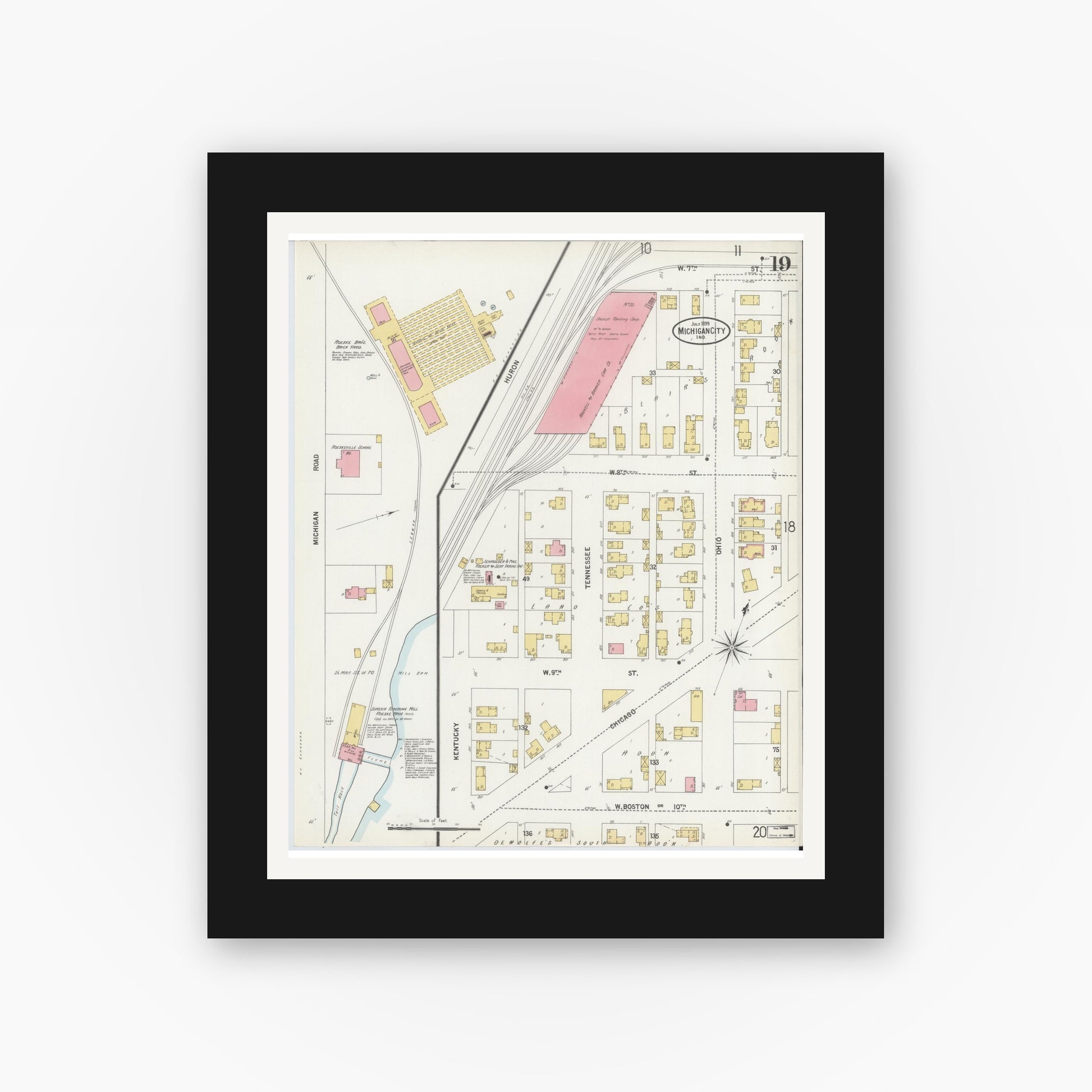 Old map wall art mockup — black gallery frame with white mat — Sanborn Fire Insurance Map from Michigan City, La Porte County, Indiana (1899), Sheet #0019