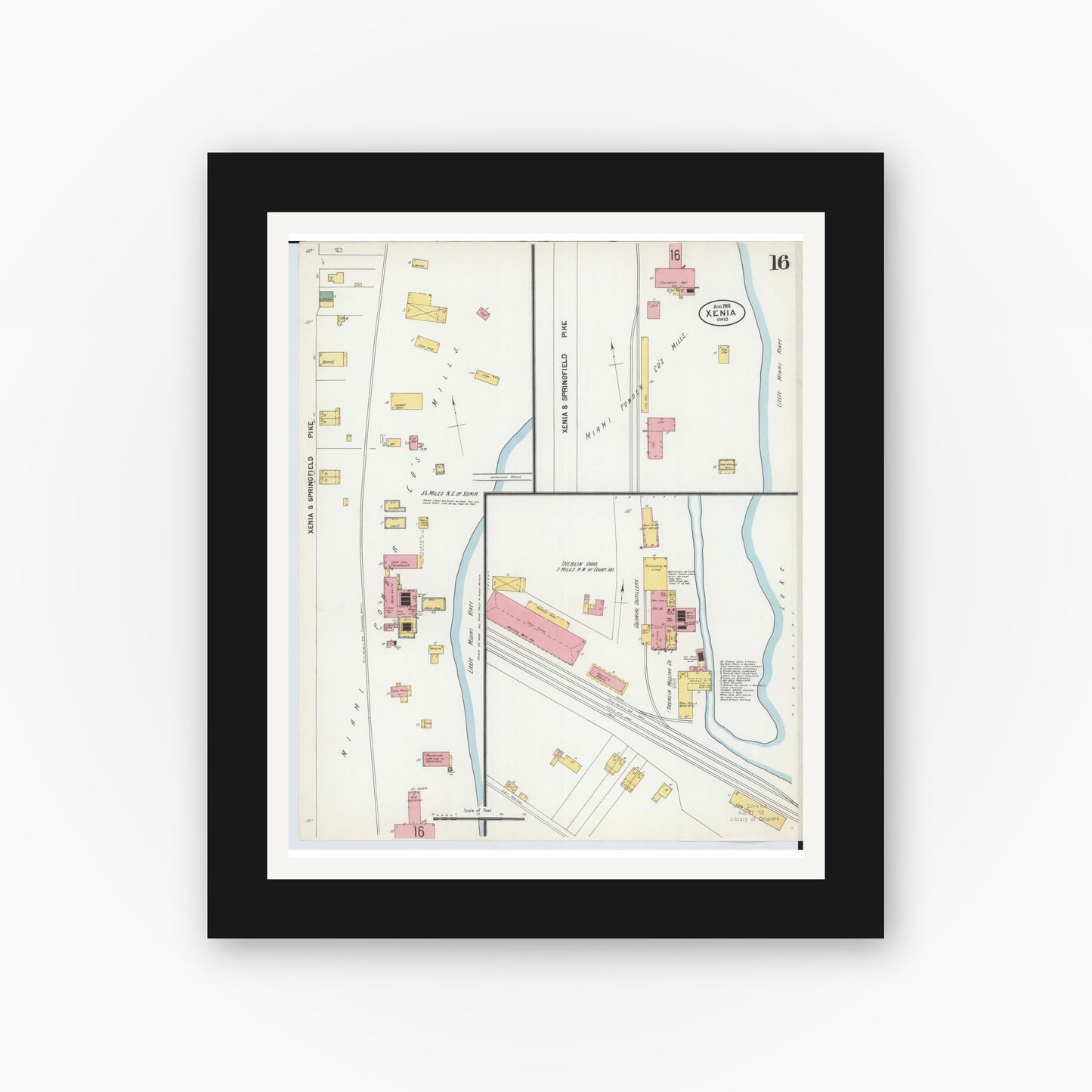 Old map wall art mockup — black gallery frame with white mat — Sanborn Fire Insurance Map from Xenia, Greene County, Ohio (1901), Sheet #0016