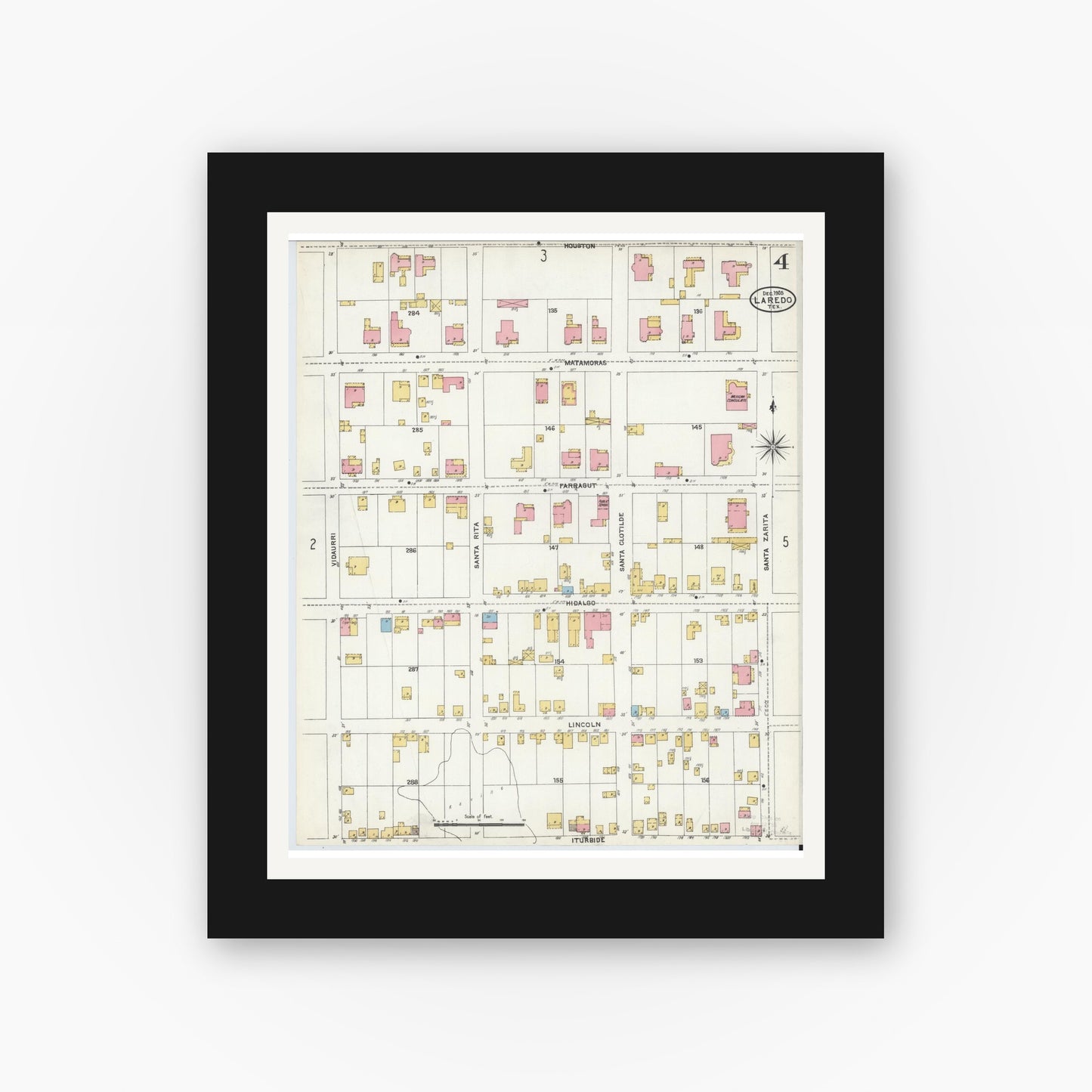 Old map wall art mockup — black gallery frame with white mat — Sanborn Fire Insurance Map from Laredo, Webb County, Texas (1905), Sheet #0004