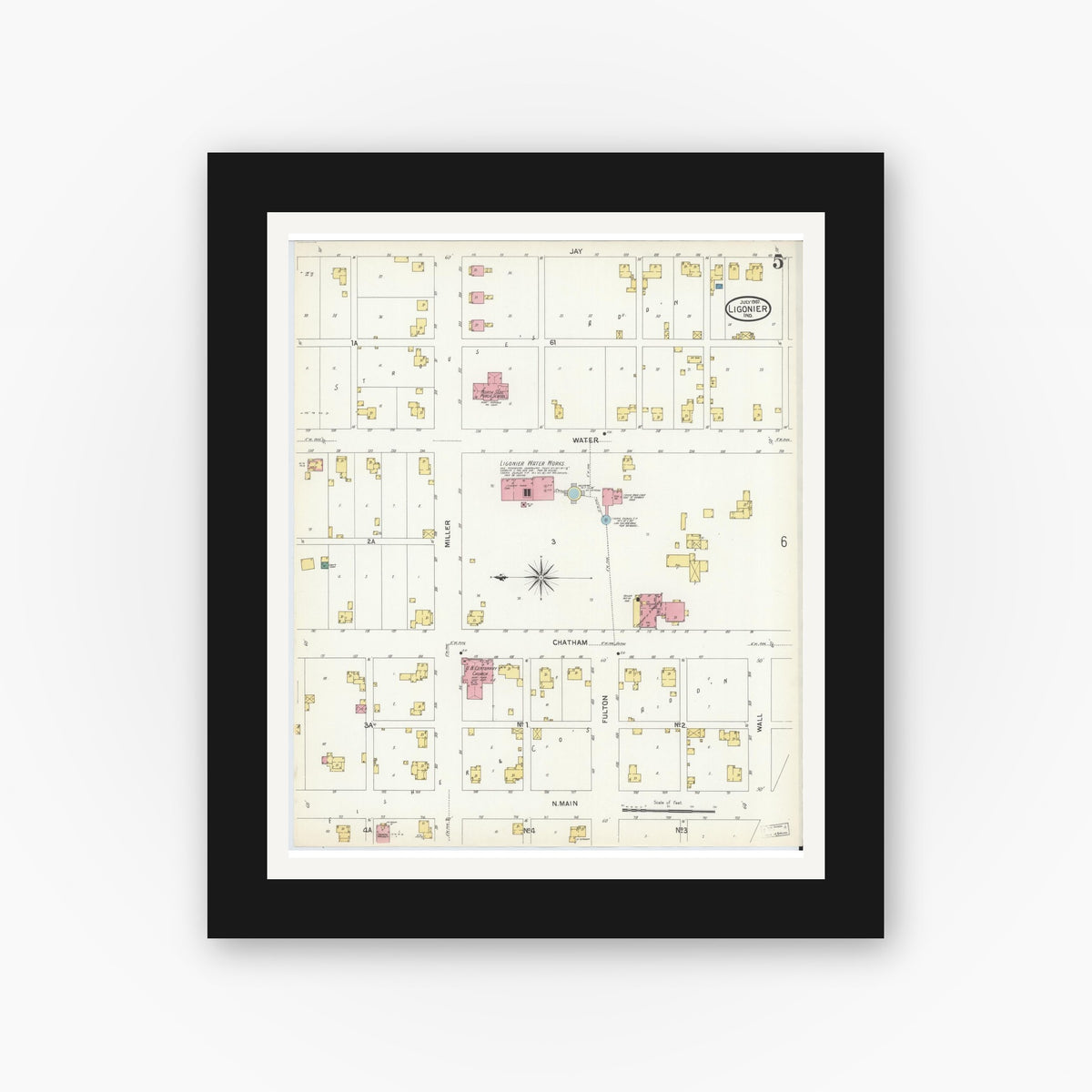 Old map wall art mockup — black gallery frame with white mat — Sanborn Fire Insurance Map from Ligonier, Noble County, Indiana (1907), Sheet #0005