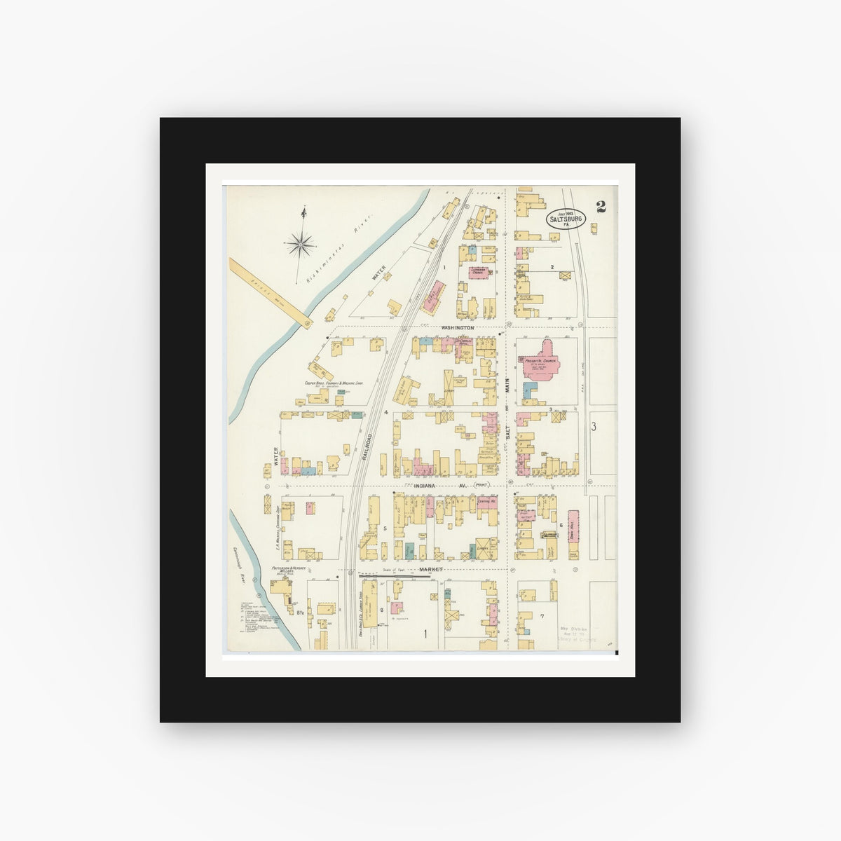 Old map wall art mockup — black gallery frame with white mat — Sanborn Fire Insurance Map from Saltsburg, Indiana County, Pennsylvania (1903), Sheet #0002