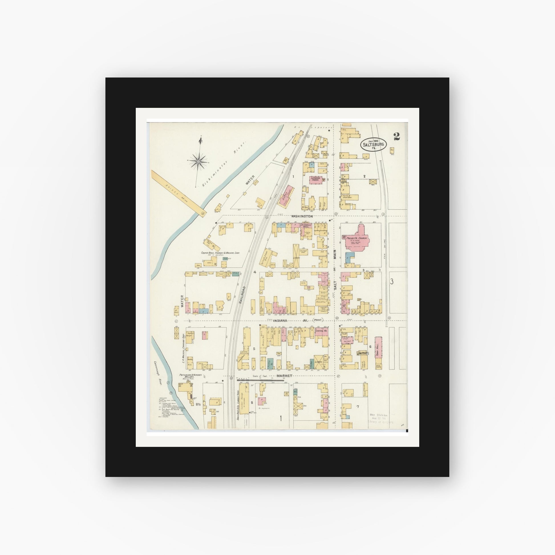 Old map wall art mockup — black gallery frame with white mat — Sanborn Fire Insurance Map from Saltsburg, Indiana County, Pennsylvania (1903), Sheet #0002