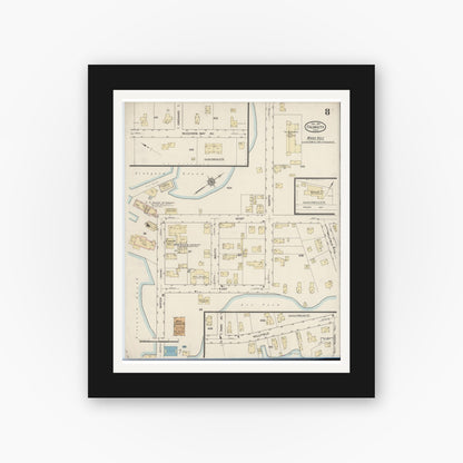 Old map wall art mockup — black gallery frame with white mat — Sanborn Fire Insurance Map from Falmouth, Barnstable County, Massachusetts (1914), Sheet #0008