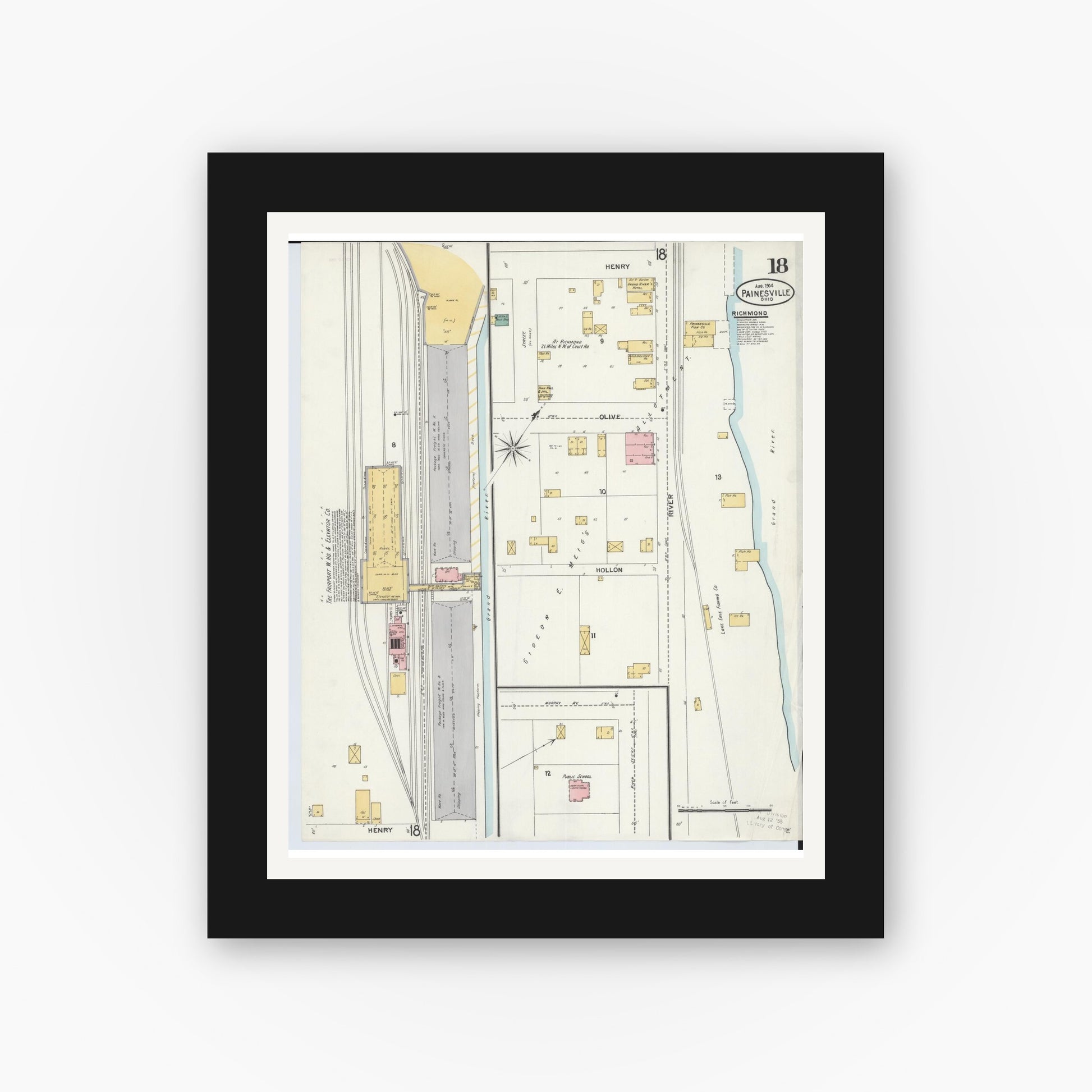 Old map wall art mockup — black gallery frame with white mat — Sanborn Fire Insurance Map from Painesville, Lake County, Ohio (1904), Sheet #0018