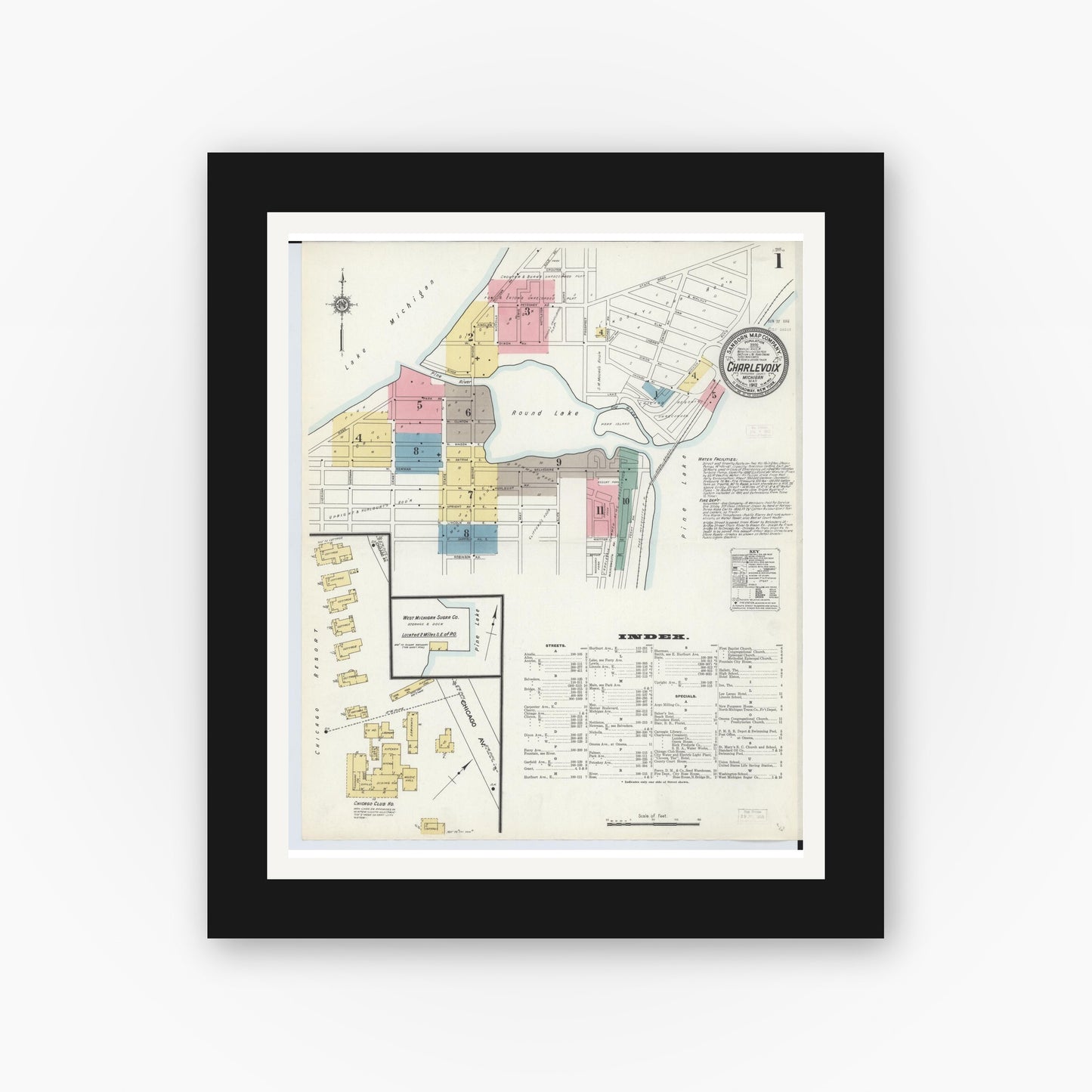 Old map wall art mockup — black gallery frame with white mat — Sanborn Fire Insurance Map from Charlevoix, Charlevoix County, Michigan (1912), Sheet #0001