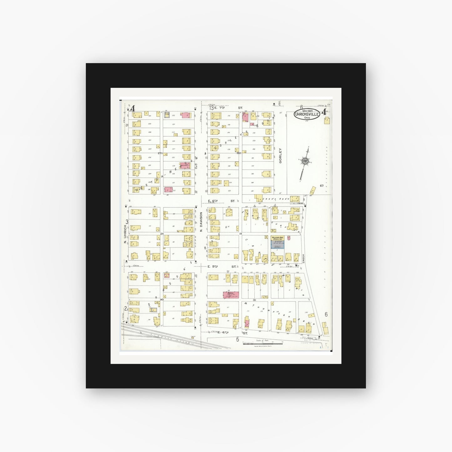 Old map wall art mockup — black gallery frame with white mat — Sanborn Fire Insurance Map from Uhrichsville, Tuscarawas County, Ohio (1923), Sheet #0004