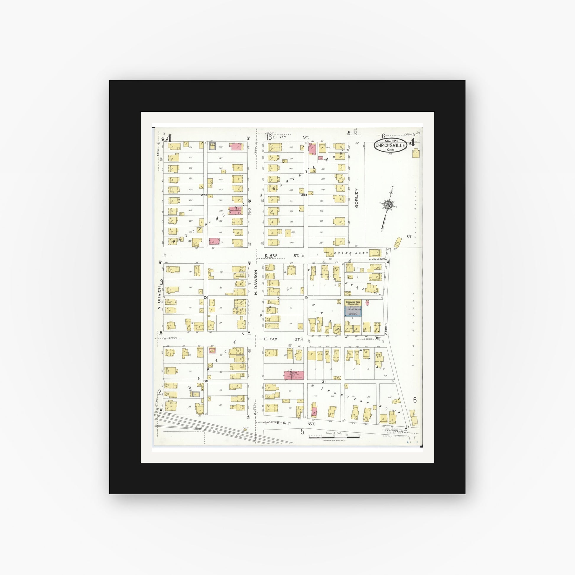 Old map wall art mockup — black gallery frame with white mat — Sanborn Fire Insurance Map from Uhrichsville, Tuscarawas County, Ohio (1923), Sheet #0004