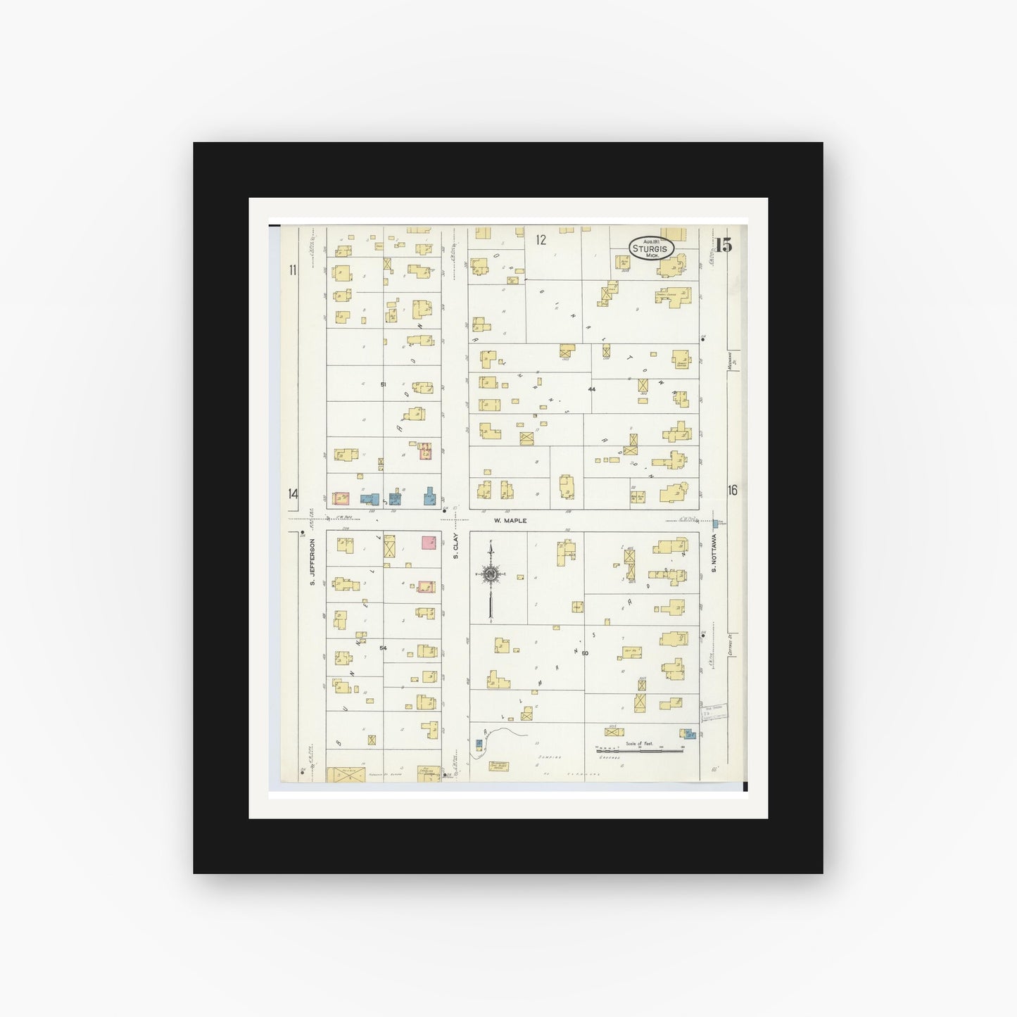 Old map wall art mockup — black gallery frame with white mat — Sanborn Fire Insurance Map from Sturgis, Saint Joseph County, Michigan (1911), Sheet #0015