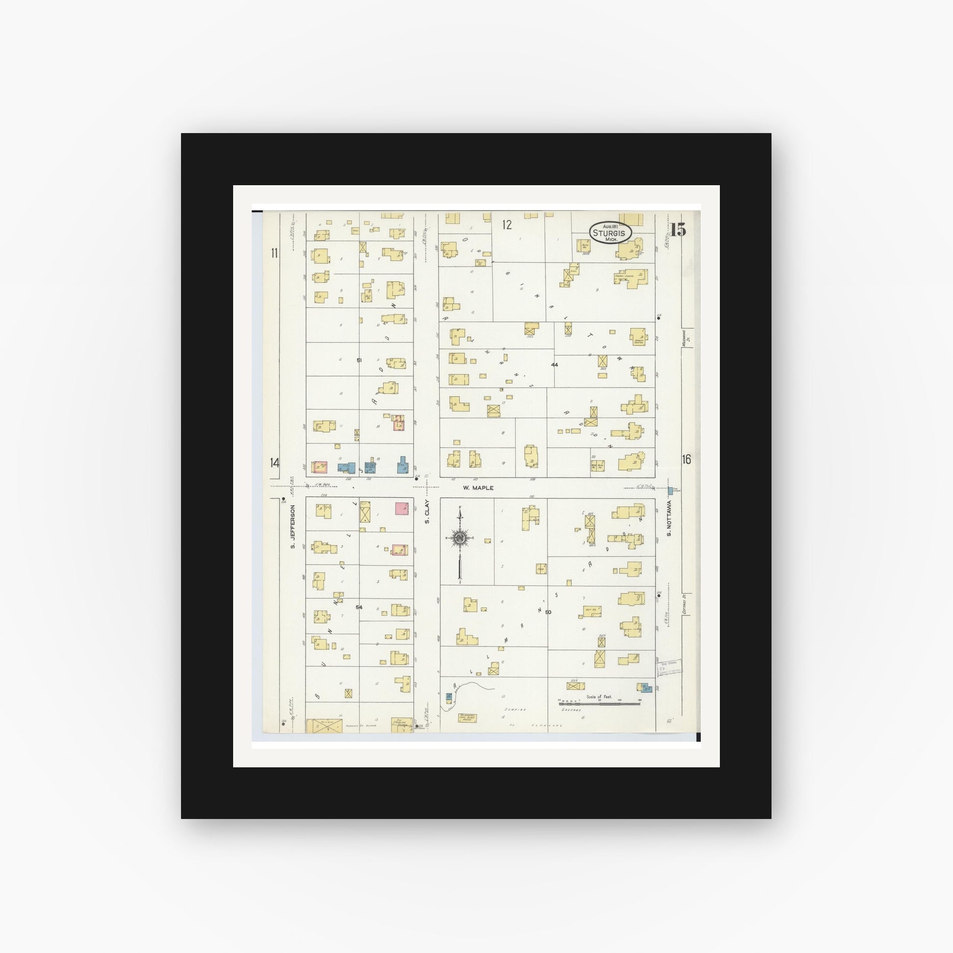 Old map wall art mockup — black gallery frame with white mat — Sanborn Fire Insurance Map from Sturgis, Saint Joseph County, Michigan (1911), Sheet #0015