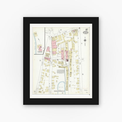 Old map wall art mockup — black gallery frame with white mat — Sanborn Fire Insurance Map from Gardner, Worcester County, Massachusetts (1914), Sheet #0017