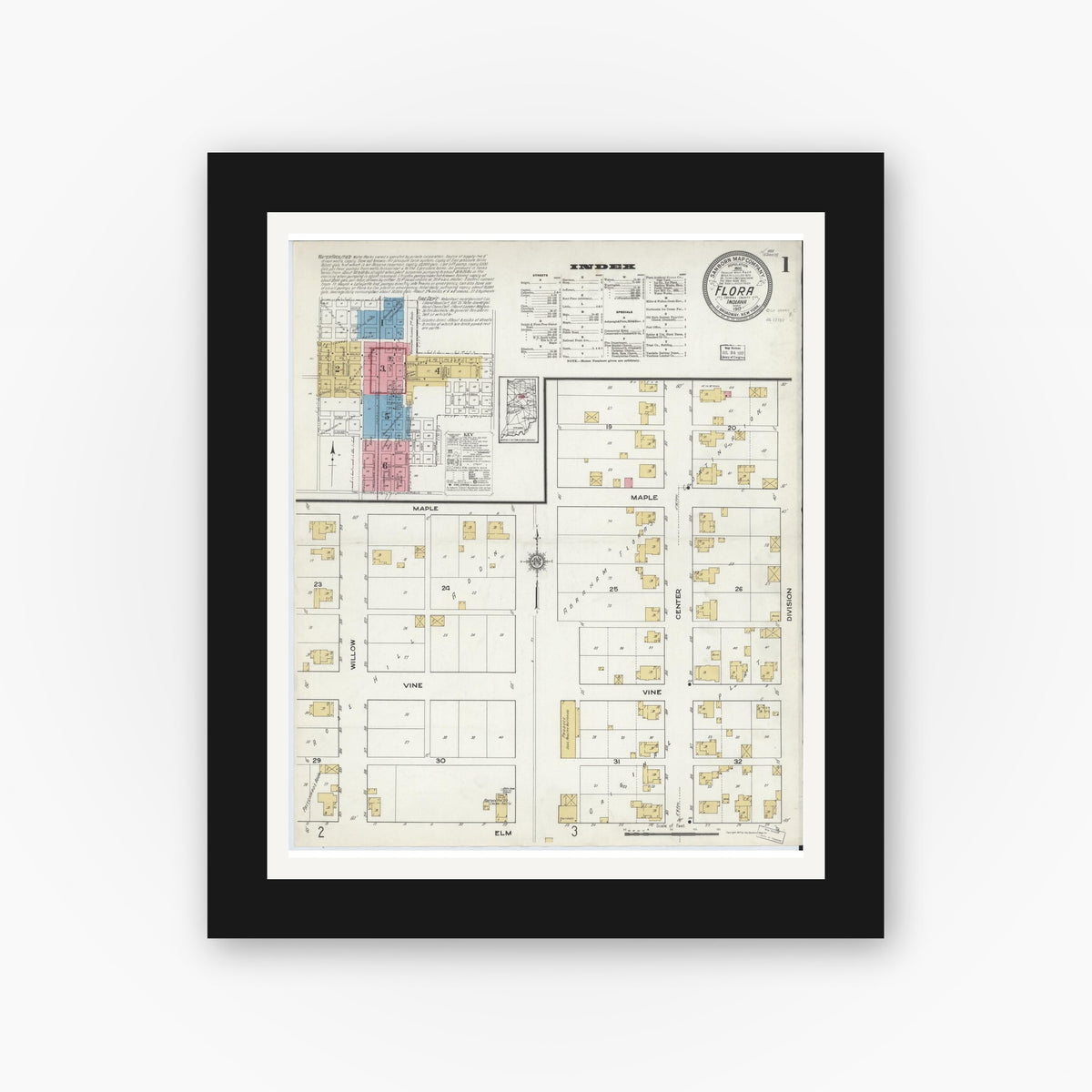 Old map wall art mockup — black gallery frame with white mat — Sanborn Fire Insurance Map from Flora, Carroll County, Indiana (1917) - Complete Map Set