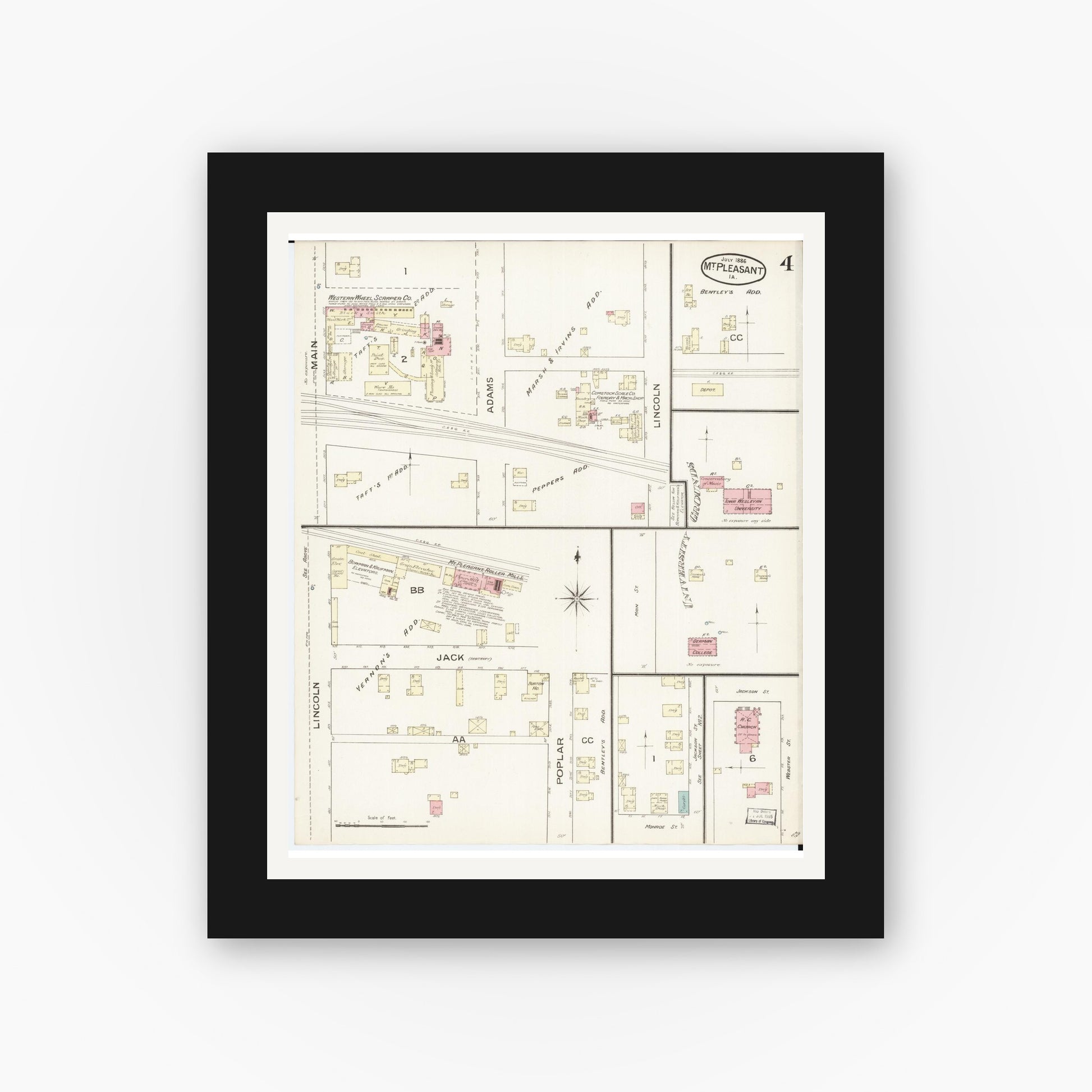 Old map wall art mockup — black gallery frame with white mat — Sanborn Fire Insurance Map from Mount Pleasant, Henry County, Iowa (1886), Sheet #0004