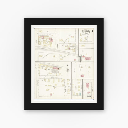 Old map wall art mockup — black gallery frame with white mat — Sanborn Fire Insurance Map from Mount Pleasant, Henry County, Iowa (1886), Sheet #0004