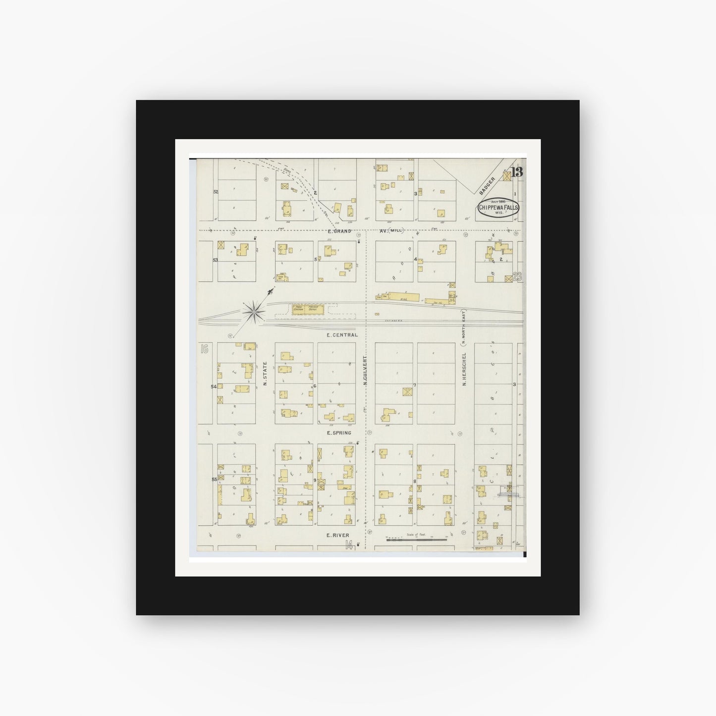 Old map wall art mockup — black gallery frame with white mat — Sanborn Fire Insurance Map from Chippewa Falls, Chippewa County, Wisconsin (1895), Sheet #0013