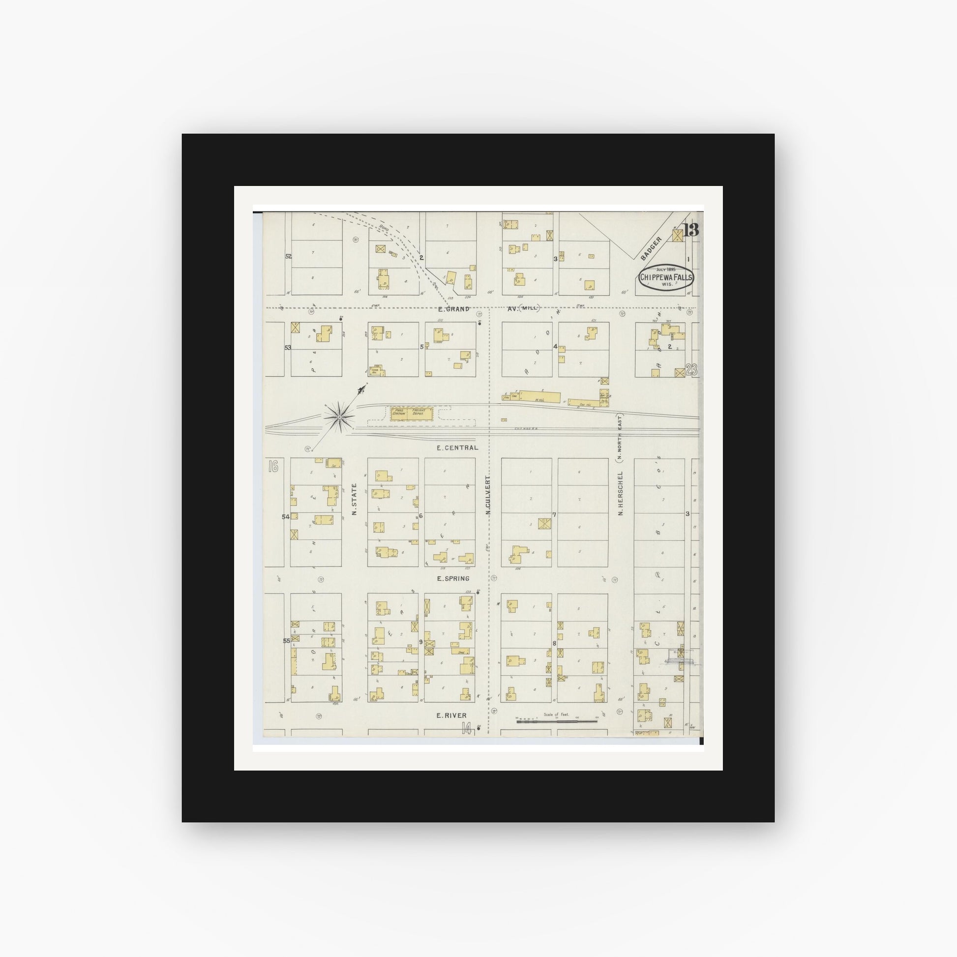 Old map wall art mockup — black gallery frame with white mat — Sanborn Fire Insurance Map from Chippewa Falls, Chippewa County, Wisconsin (1895), Sheet #0013