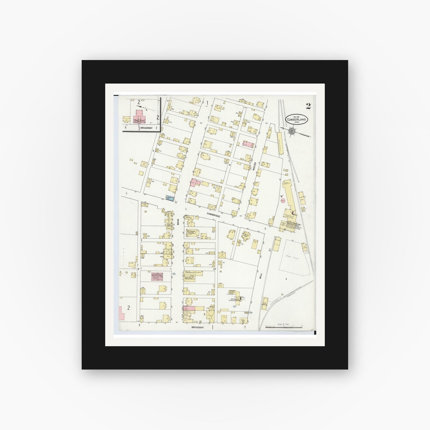 Old map wall art mockup — black gallery frame with white mat — Sanborn Fire Insurance Map from Cumberland, Guernsey County, Ohio (1911), Sheet #0002