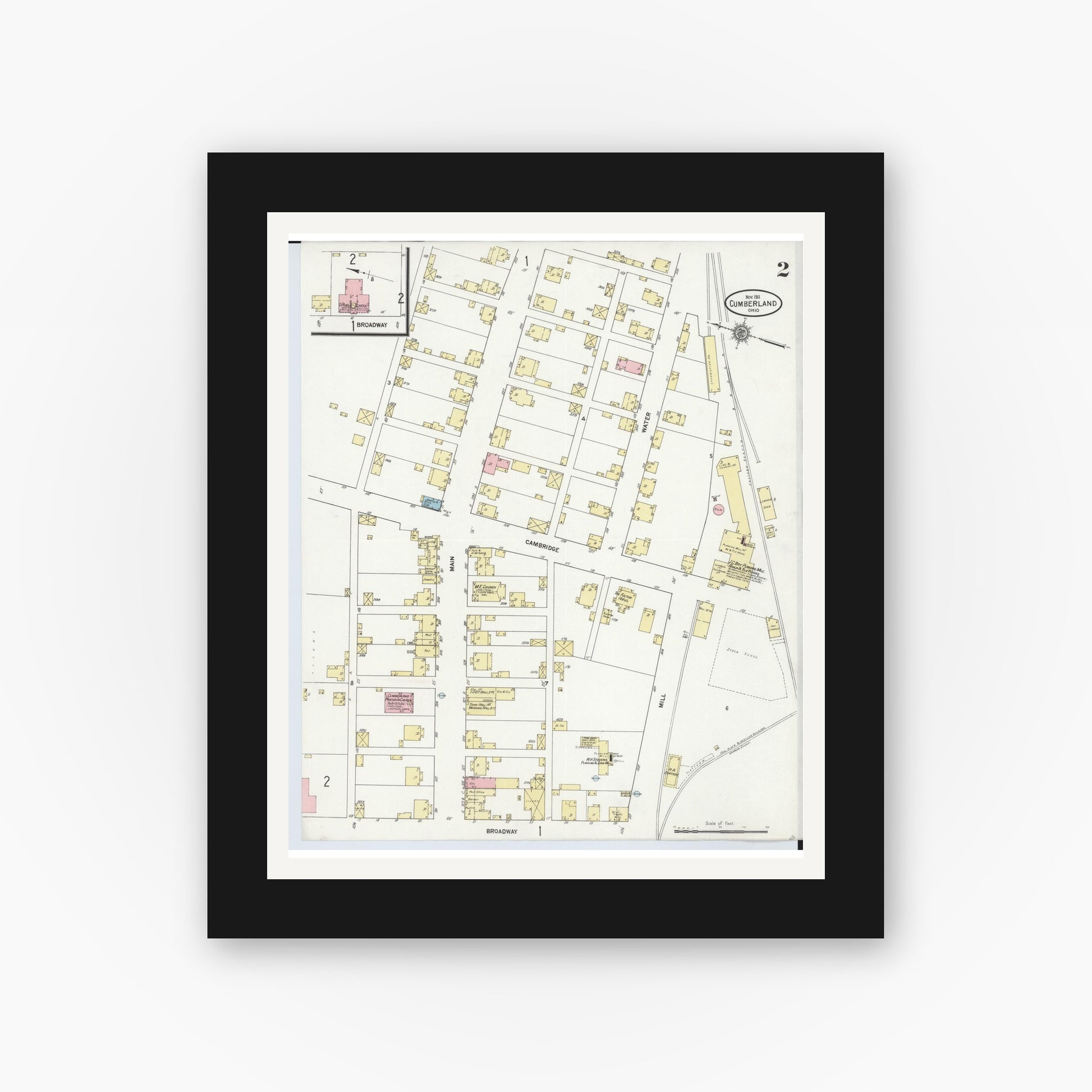 Old map wall art mockup — black gallery frame with white mat — Sanborn Fire Insurance Map from Cumberland, Guernsey County, Ohio (1911), Sheet #0002