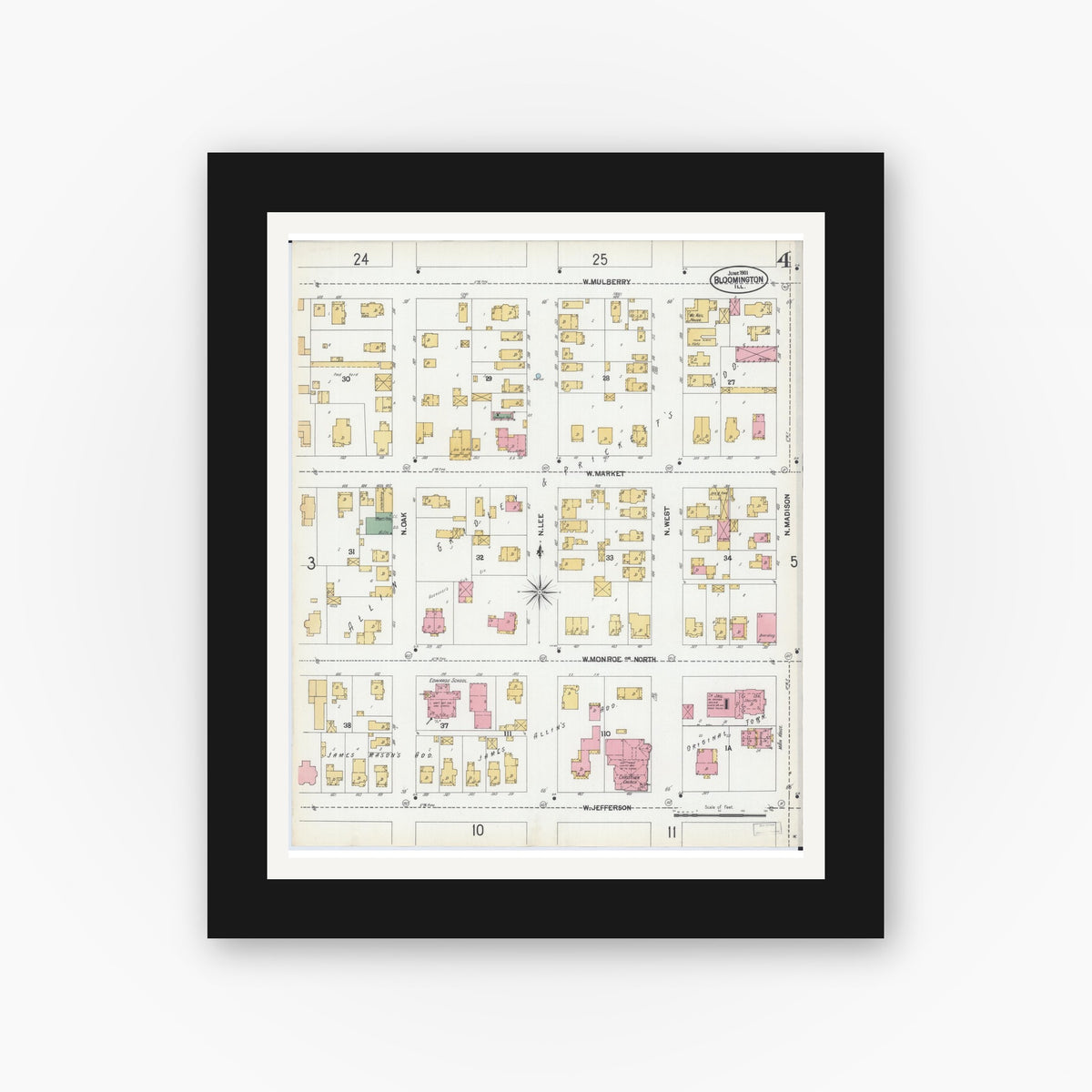 Old map wall art mockup — black gallery frame with white mat — Sanborn Fire Insurance Map from Bloomington, McLean County, Illinois (1901), Sheet #0004