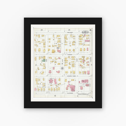 Old map wall art mockup — black gallery frame with white mat — Sanborn Fire Insurance Map from Bloomington, McLean County, Illinois (1901), Sheet #0004